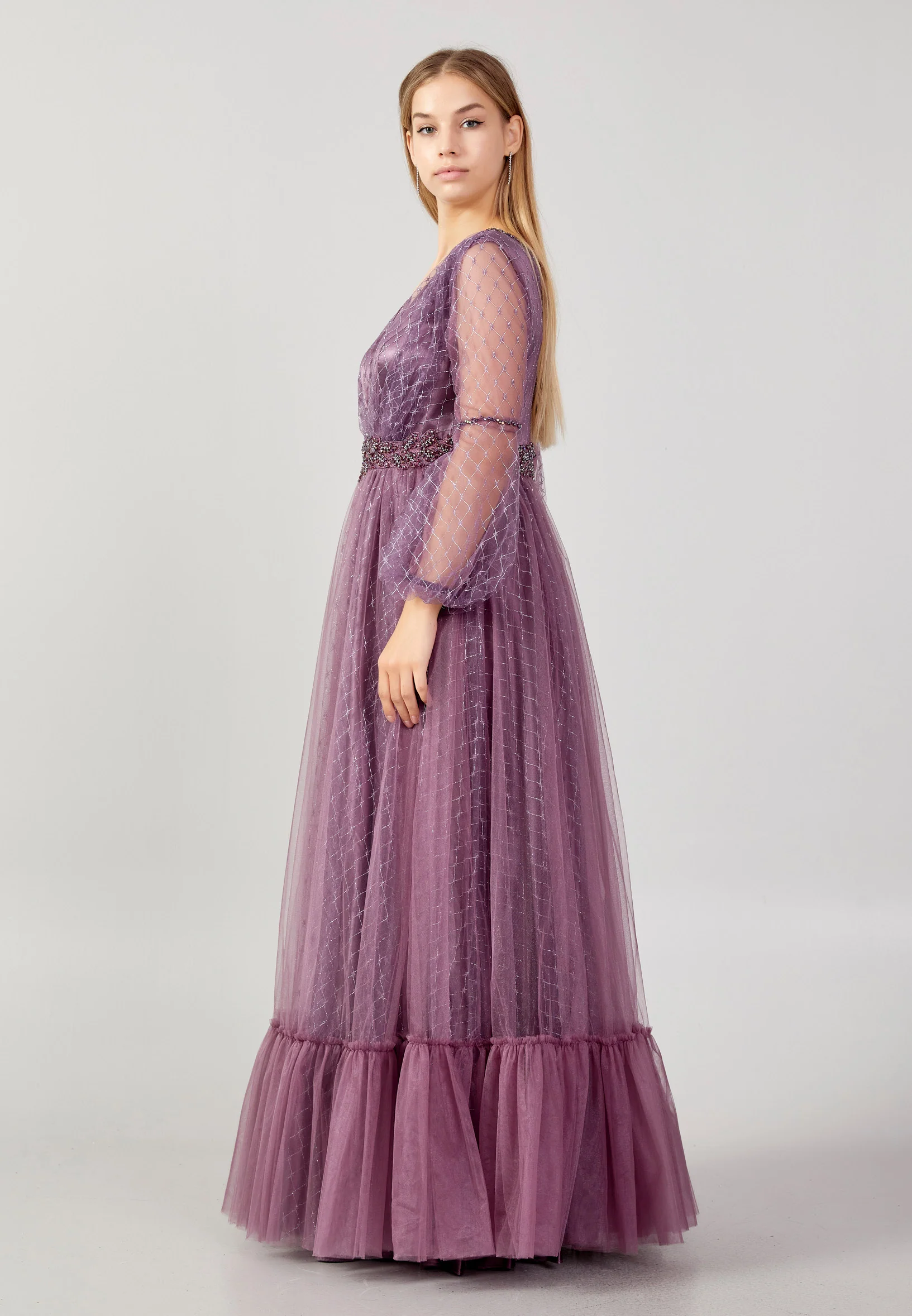 Long Sleeve Maxi Tulle A - Line Plus Size Prom Dress swr2292-b - Image 23
