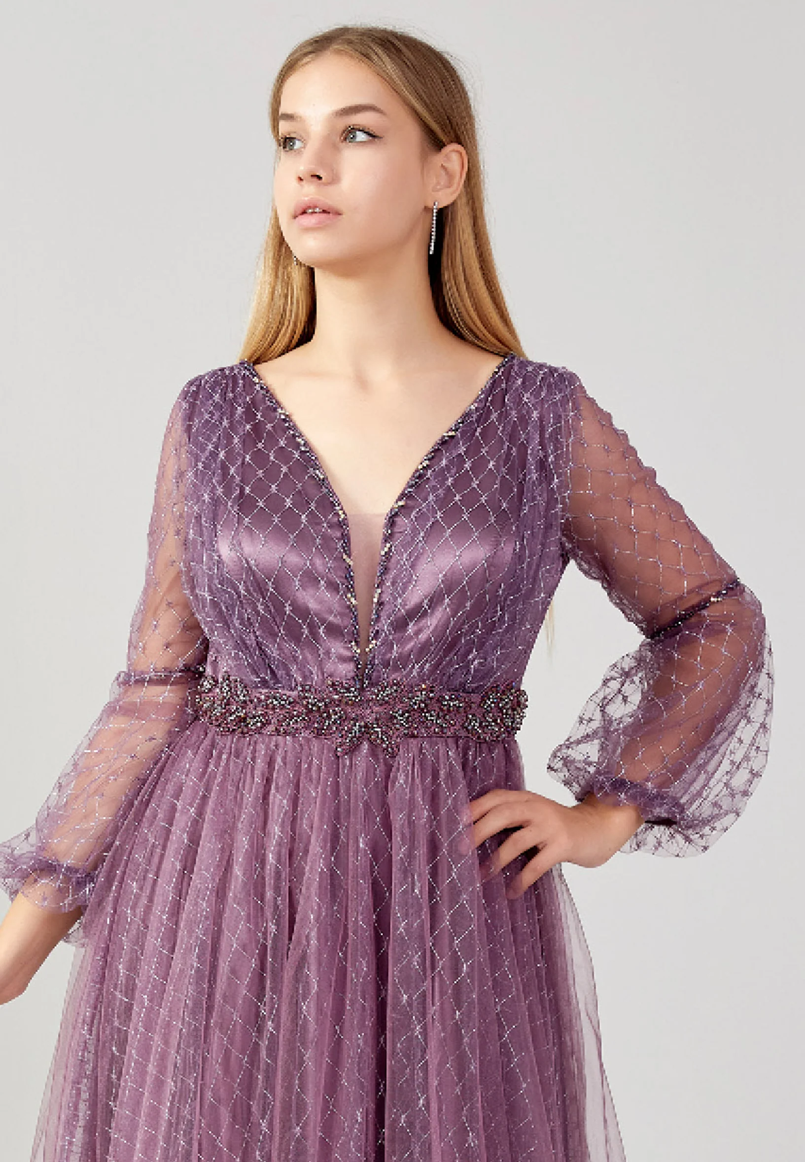 Long Sleeve Maxi Tulle A - Line Plus Size Prom Dress swr2292-b - Image 24