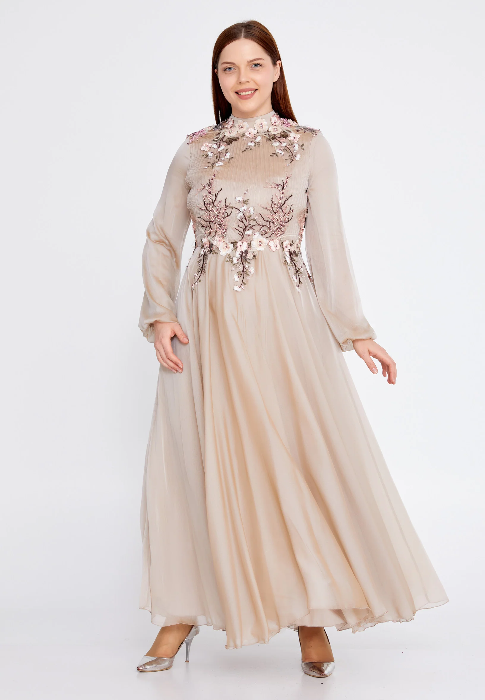 Long Sleeve Maxi Tulle A - Line Plus Size Wedding Guest Dress gzk7011-1