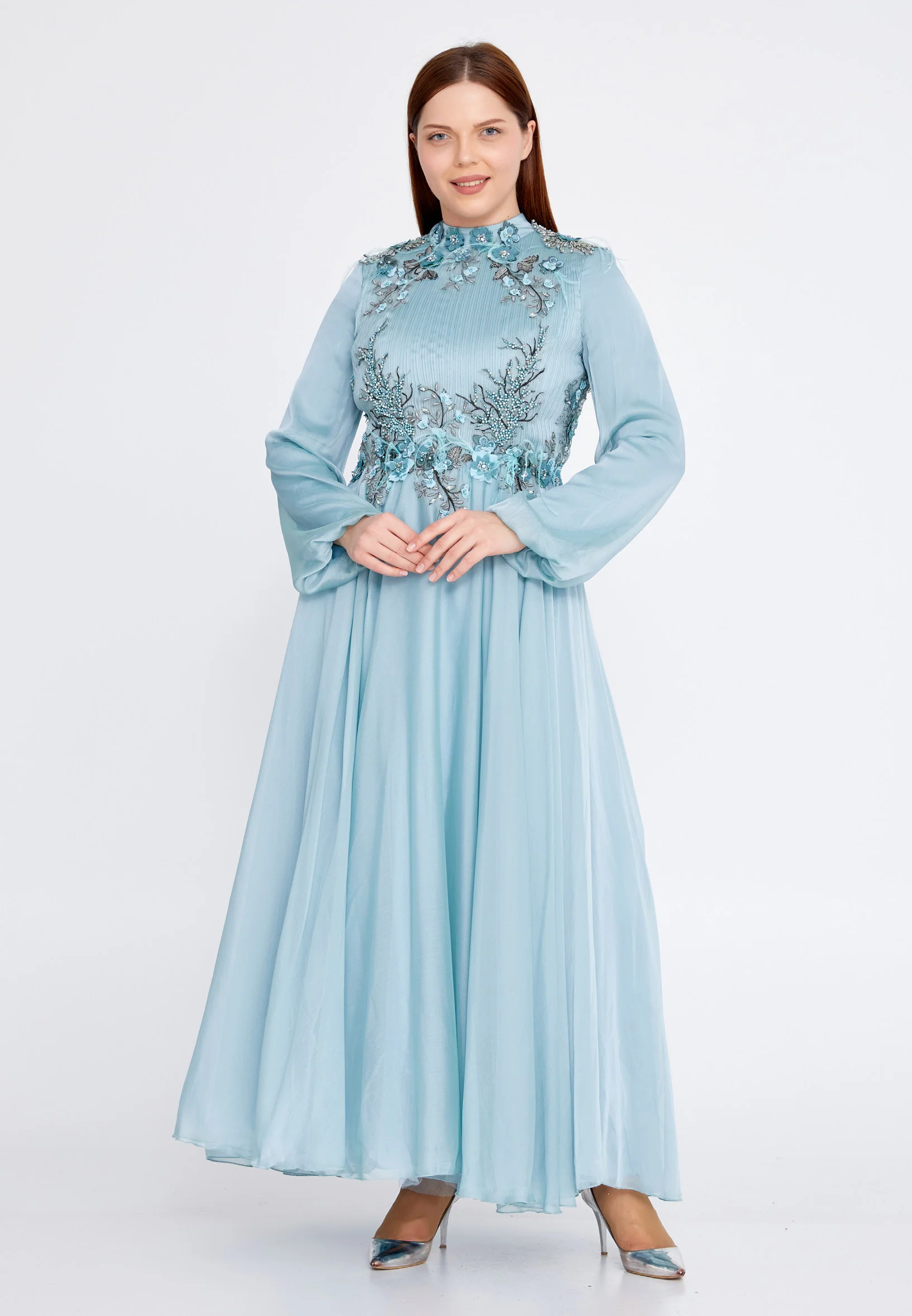 Long Sleeve Maxi Tulle A - Line Plus Size Wedding Guest Dress gzk7011-1 - Image 5