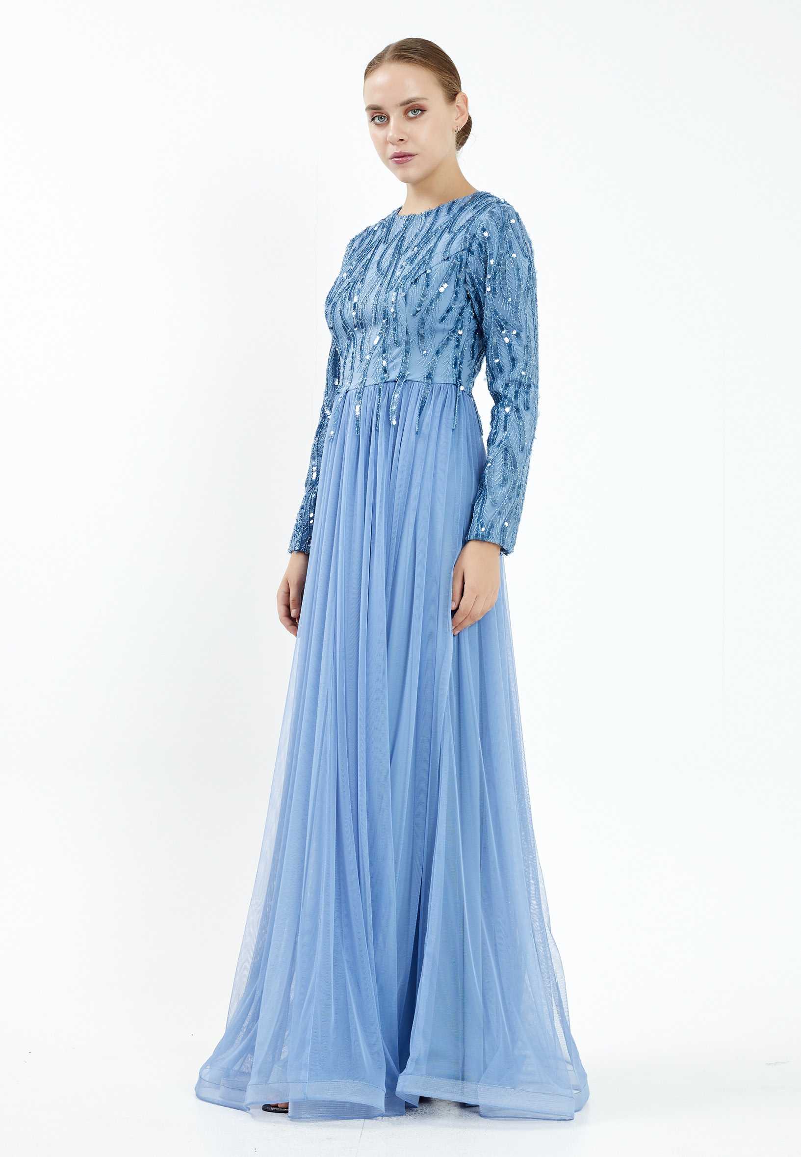 Long Sleeve Maxi Tulle A - Line Regular Evening Dress efl20210 - Image 3