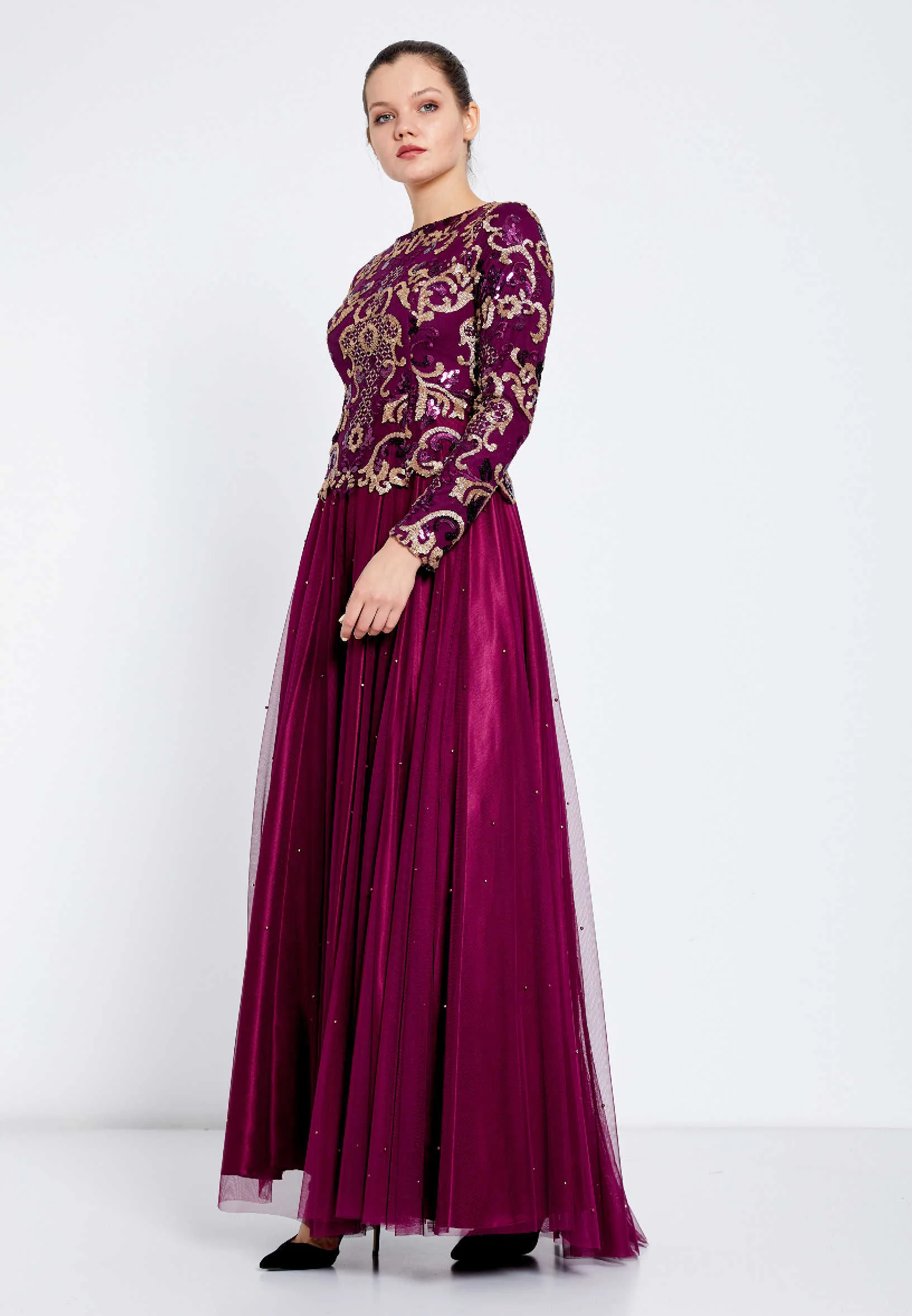 Long Sleeve Maxi Tulle A - Line Regular Evening Dress efl8225 - Image 11