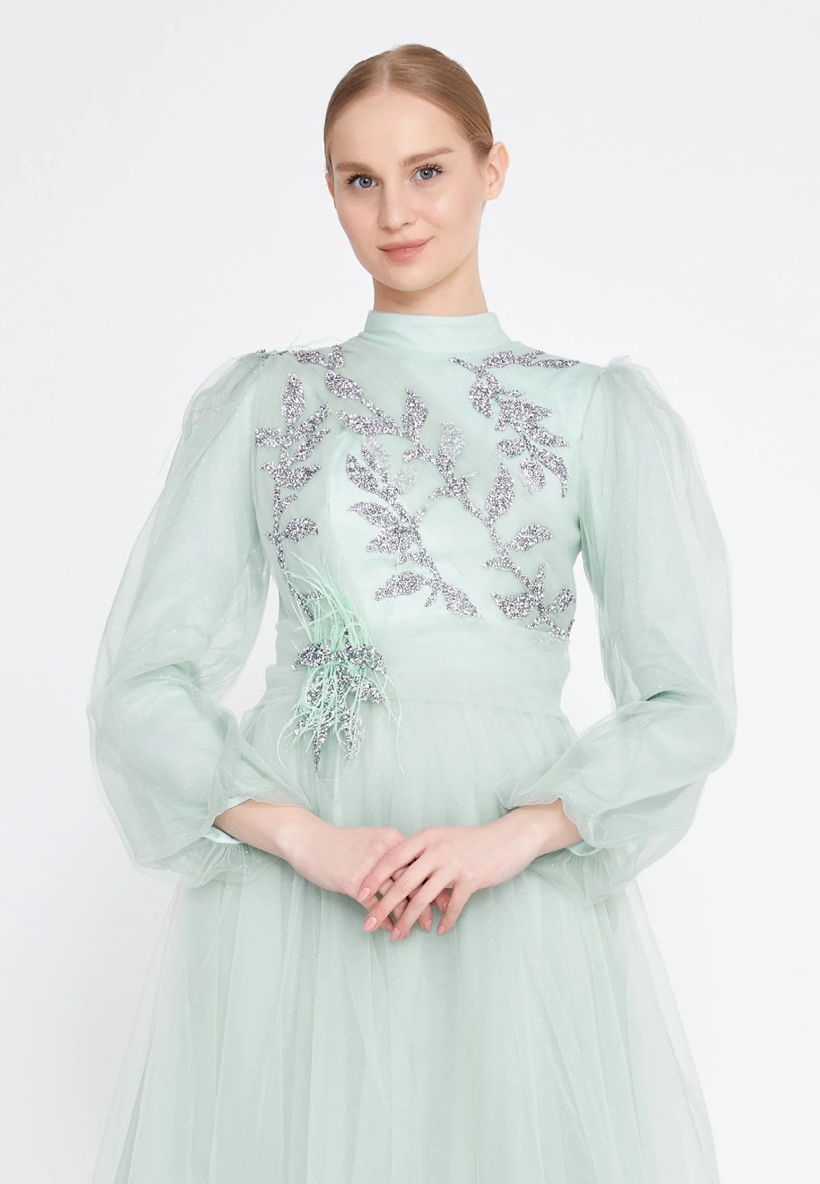 Long Sleeve Maxi Tulle A - Line Regular Prom Dress gzk7004 - Image 8