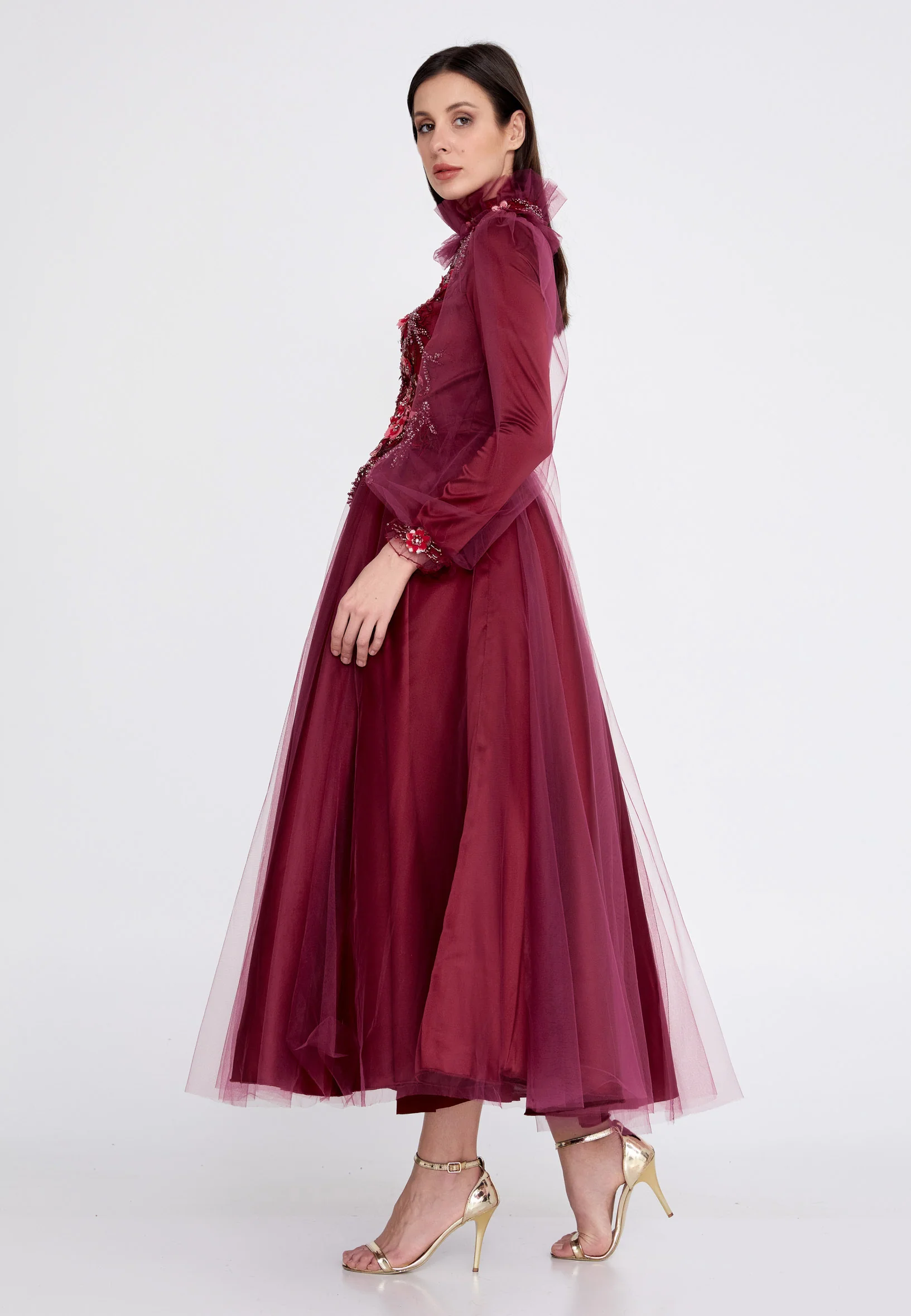 Long Sleeve Maxi Tulle A - Line Regular Prom Dress gzk7018 - Image 11