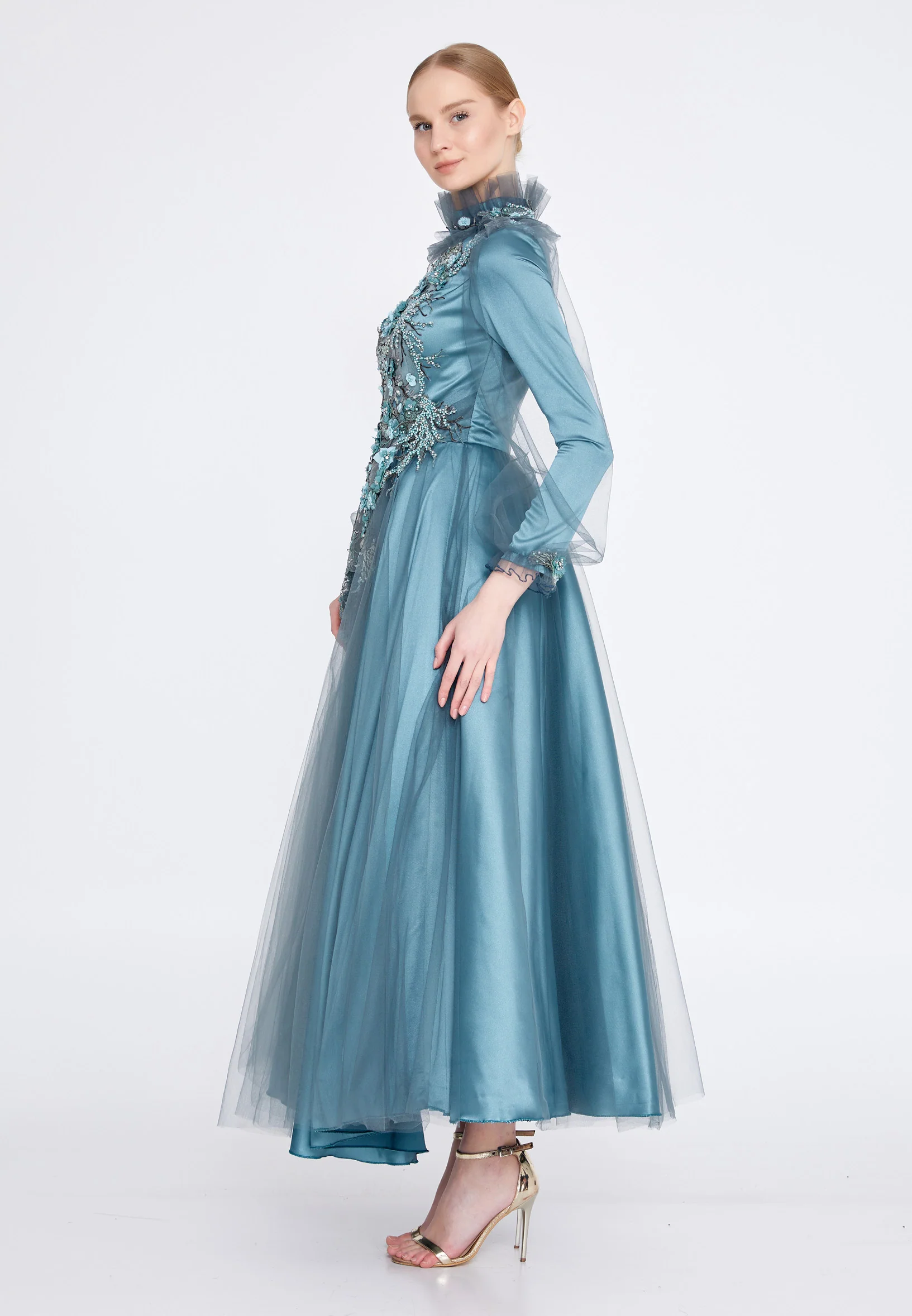 Long Sleeve Maxi Tulle A - Line Regular Prom Dress gzk7018 - Image 7