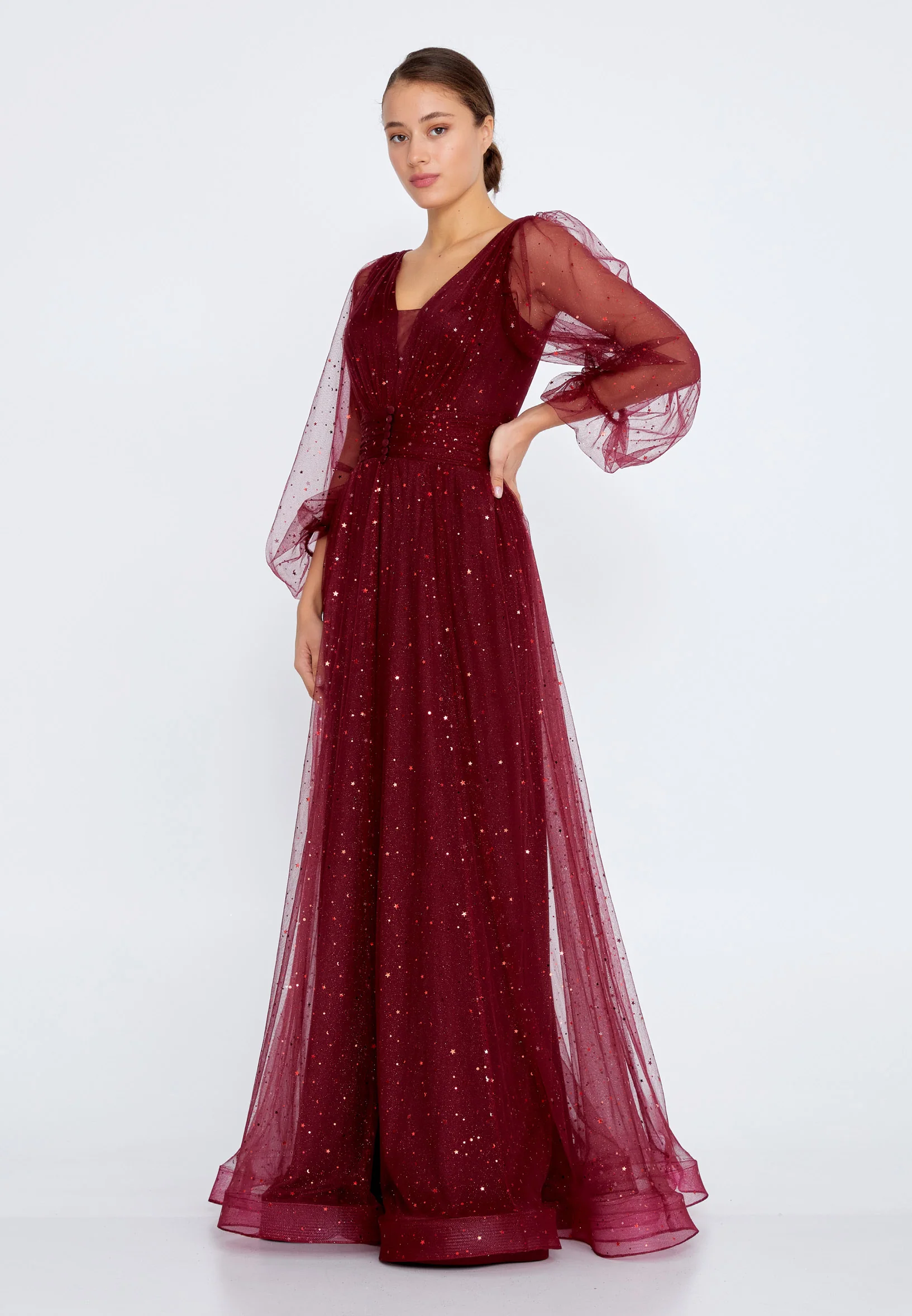 Long Sleeve Maxi Tulle A - Line Regular Prom Dress liw1282 - Image 3