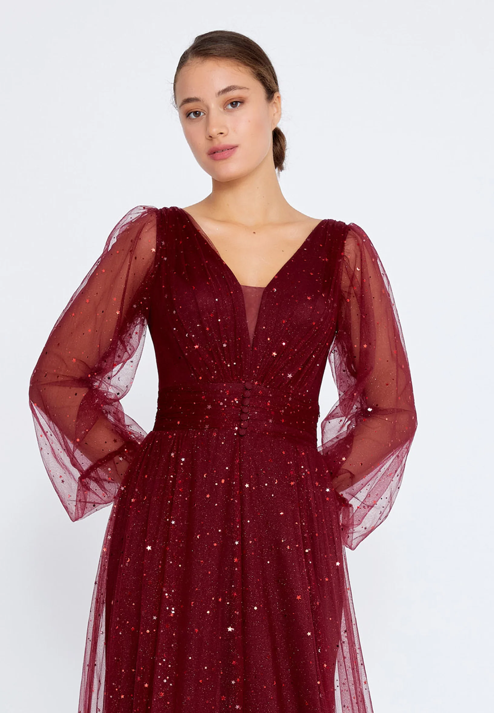 Long Sleeve Maxi Tulle A - Line Regular Prom Dress liw1282 - Image 4
