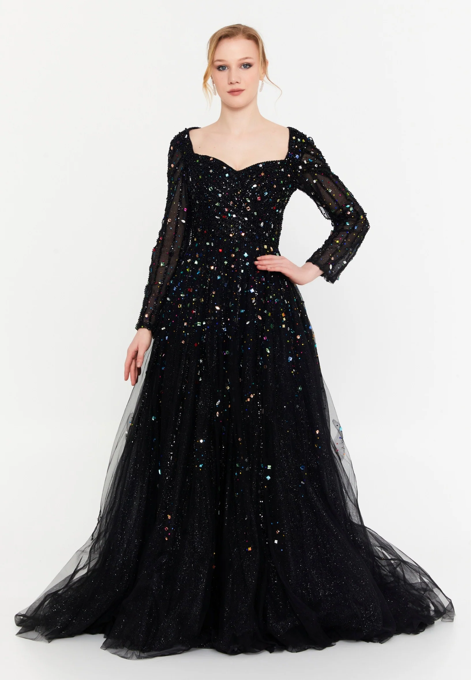 Long Sleeve Maxi Tulle A - Line Regular Prom Dress mtc1108