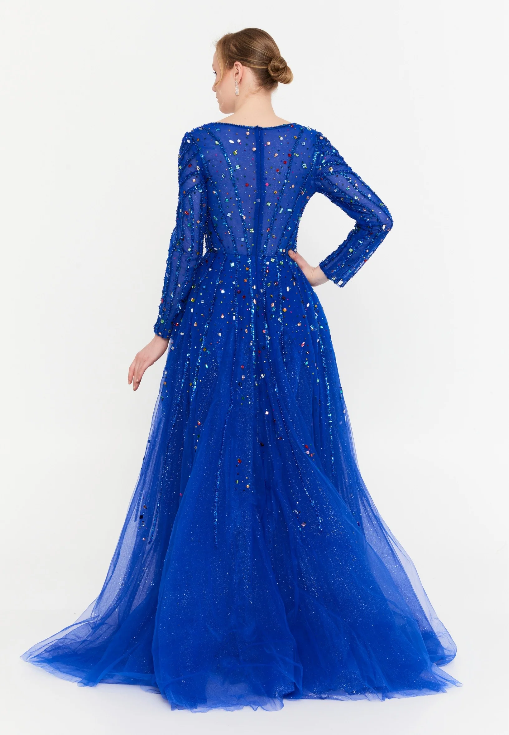 Long Sleeve Maxi Tulle A - Line Regular Prom Dress mtc1108 - Image 6