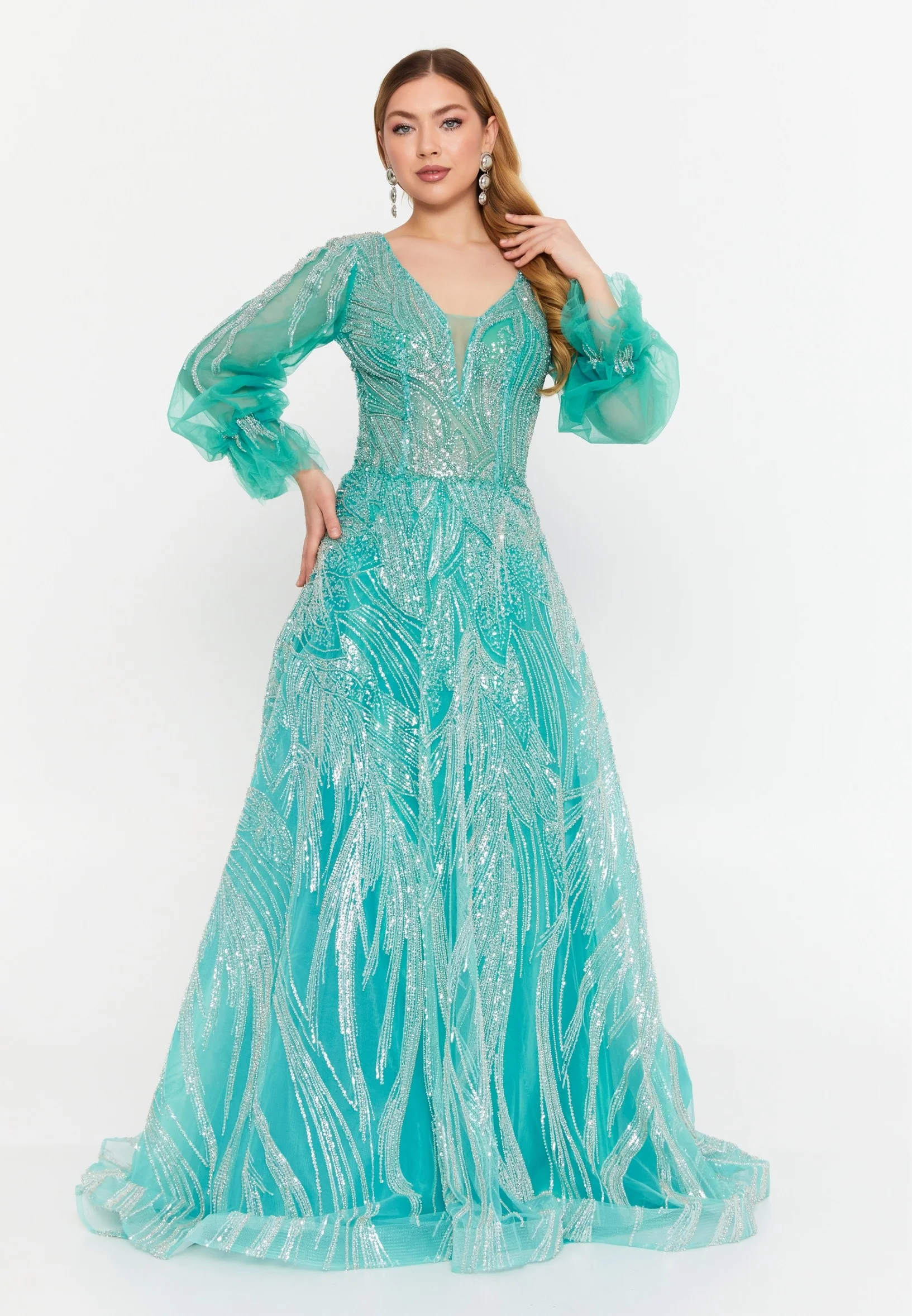 Long Sleeve Maxi Tulle A - Line Regular Prom Dress mtc1136