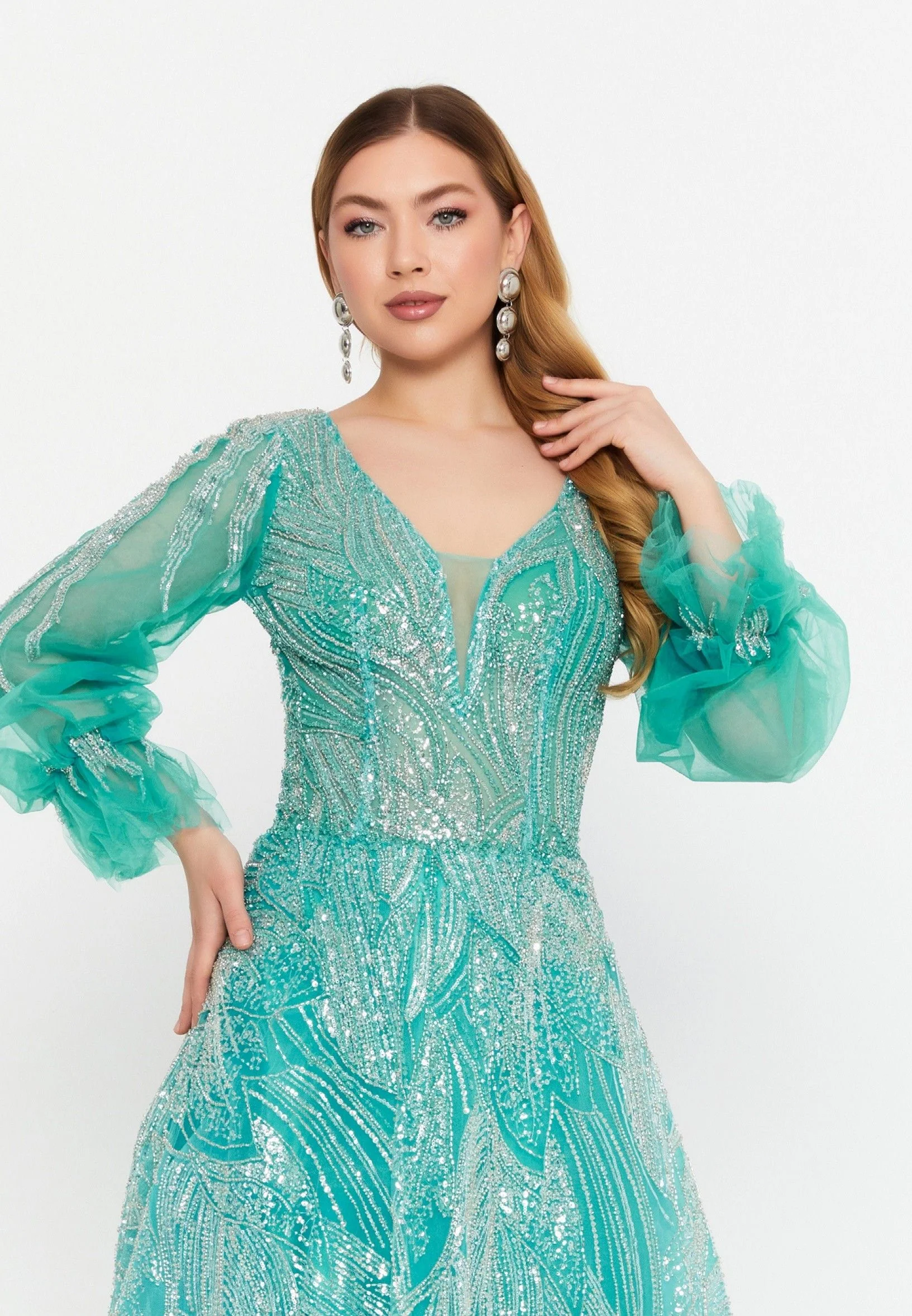 Long Sleeve Maxi Tulle A - Line Regular Prom Dress mtc1136 - Image 4