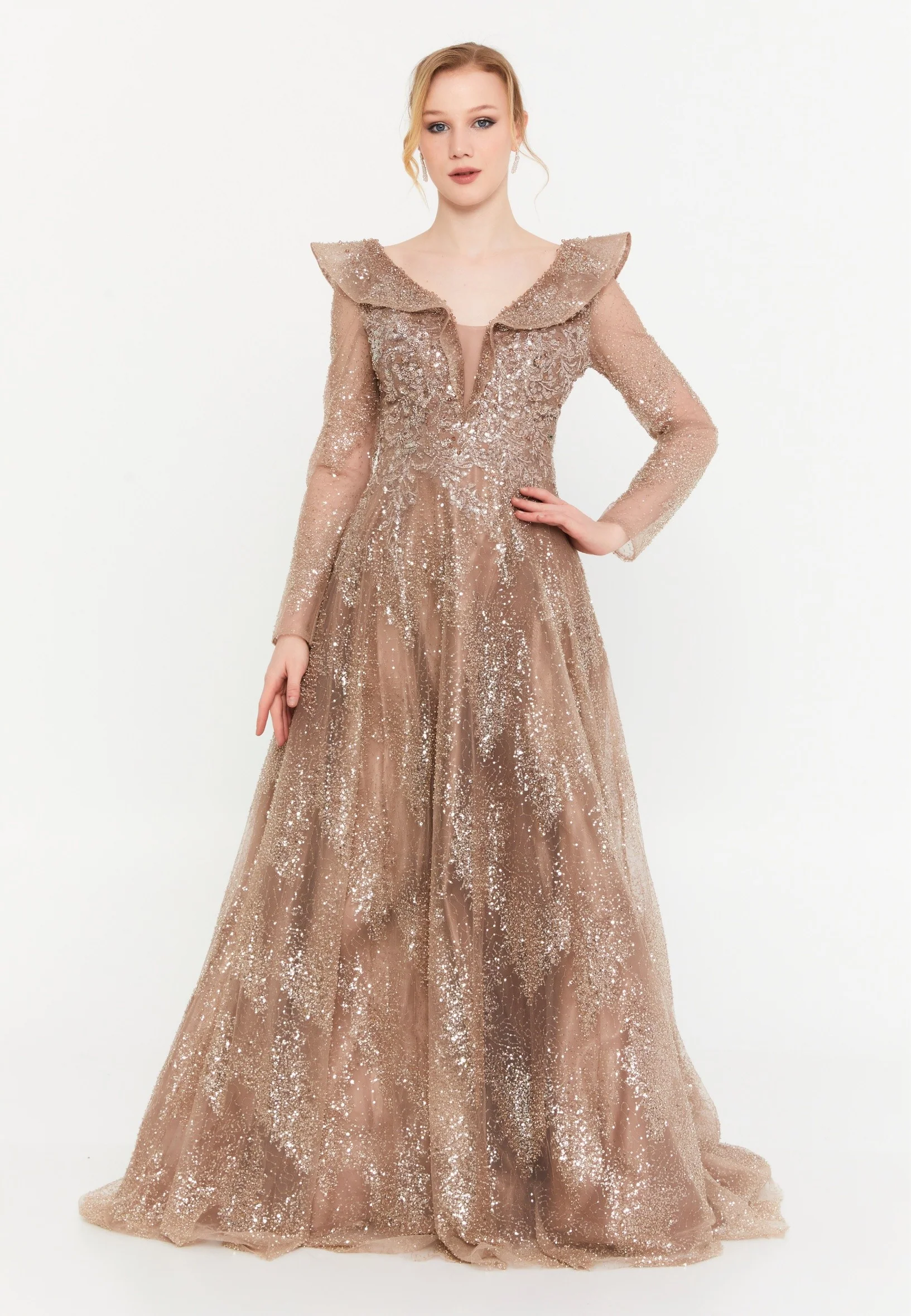 Long Sleeve Maxi Tulle A - Line Regular Prom Dress mtc2608