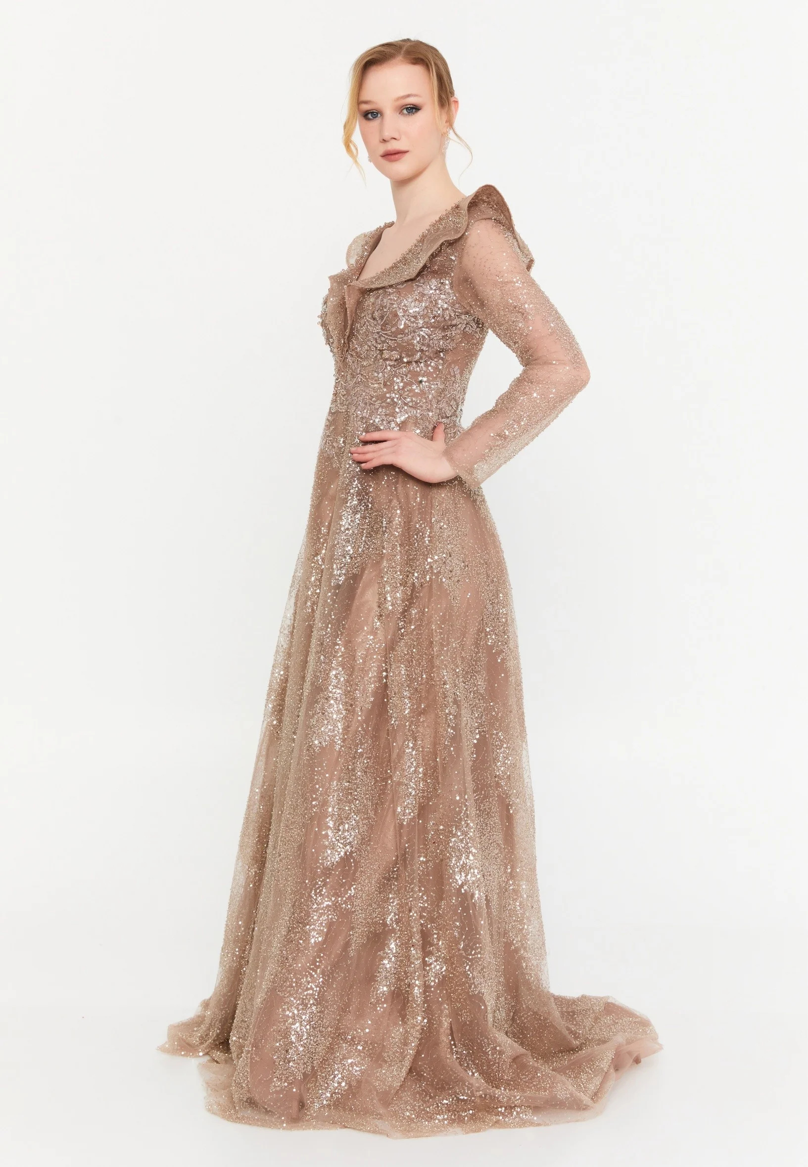 Long Sleeve Maxi Tulle A - Line Regular Prom Dress mtc2608 - Image 3