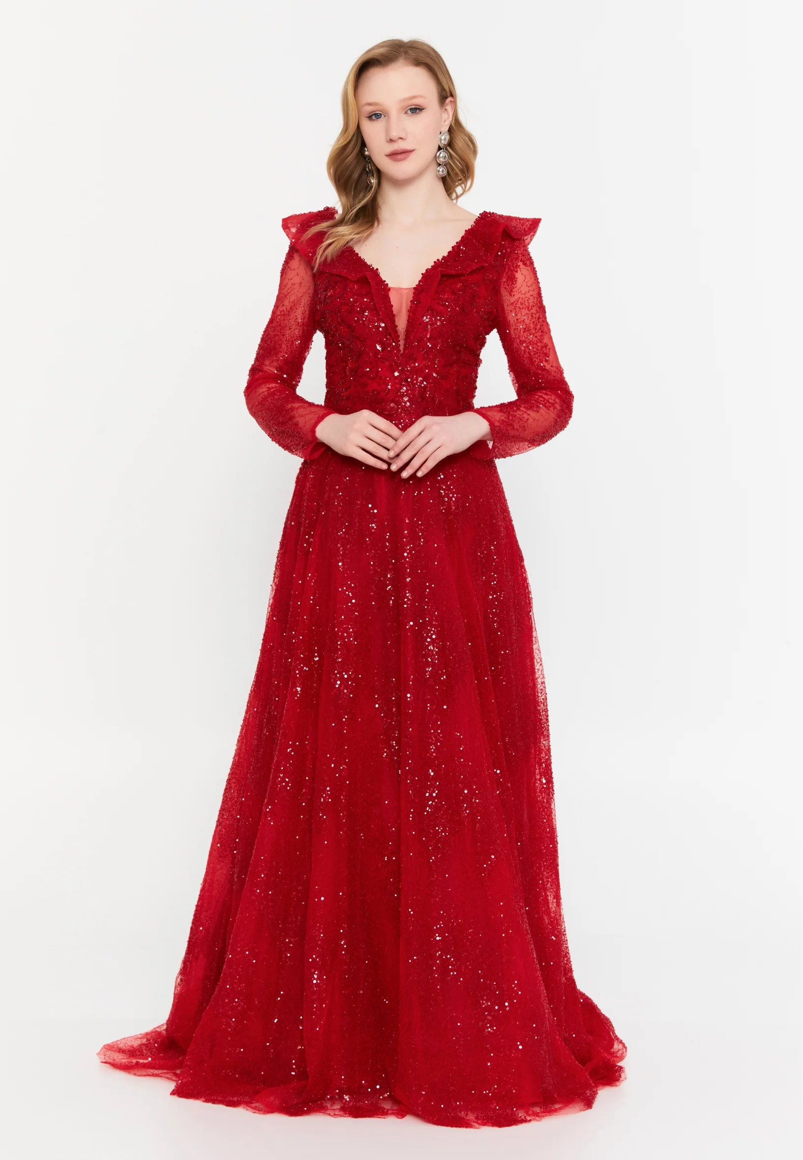 Long Sleeve Maxi Tulle A - Line Regular Prom Dress mtc2608 - Image 5