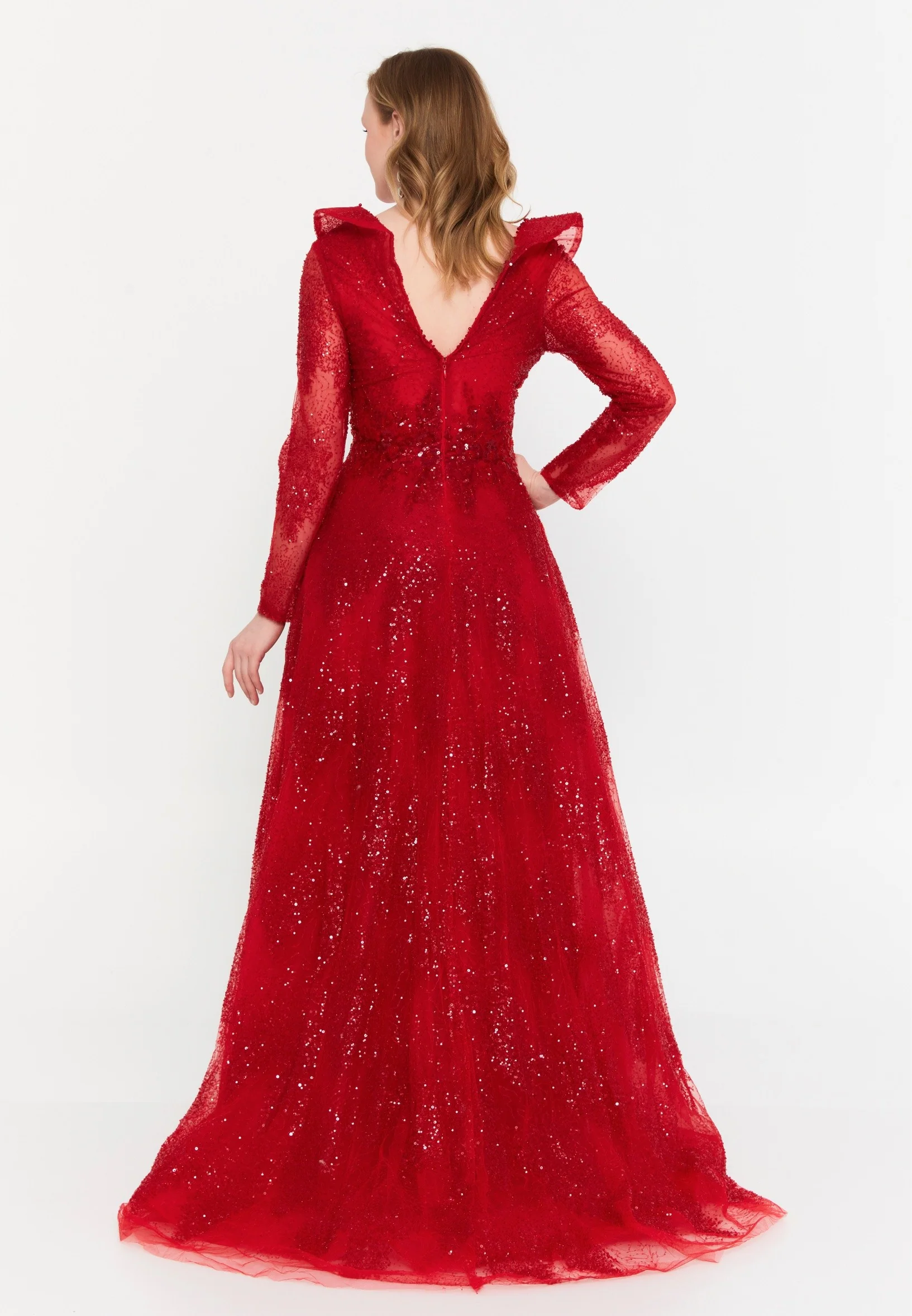 Long Sleeve Maxi Tulle A - Line Regular Prom Dress mtc2608 - Image 6
