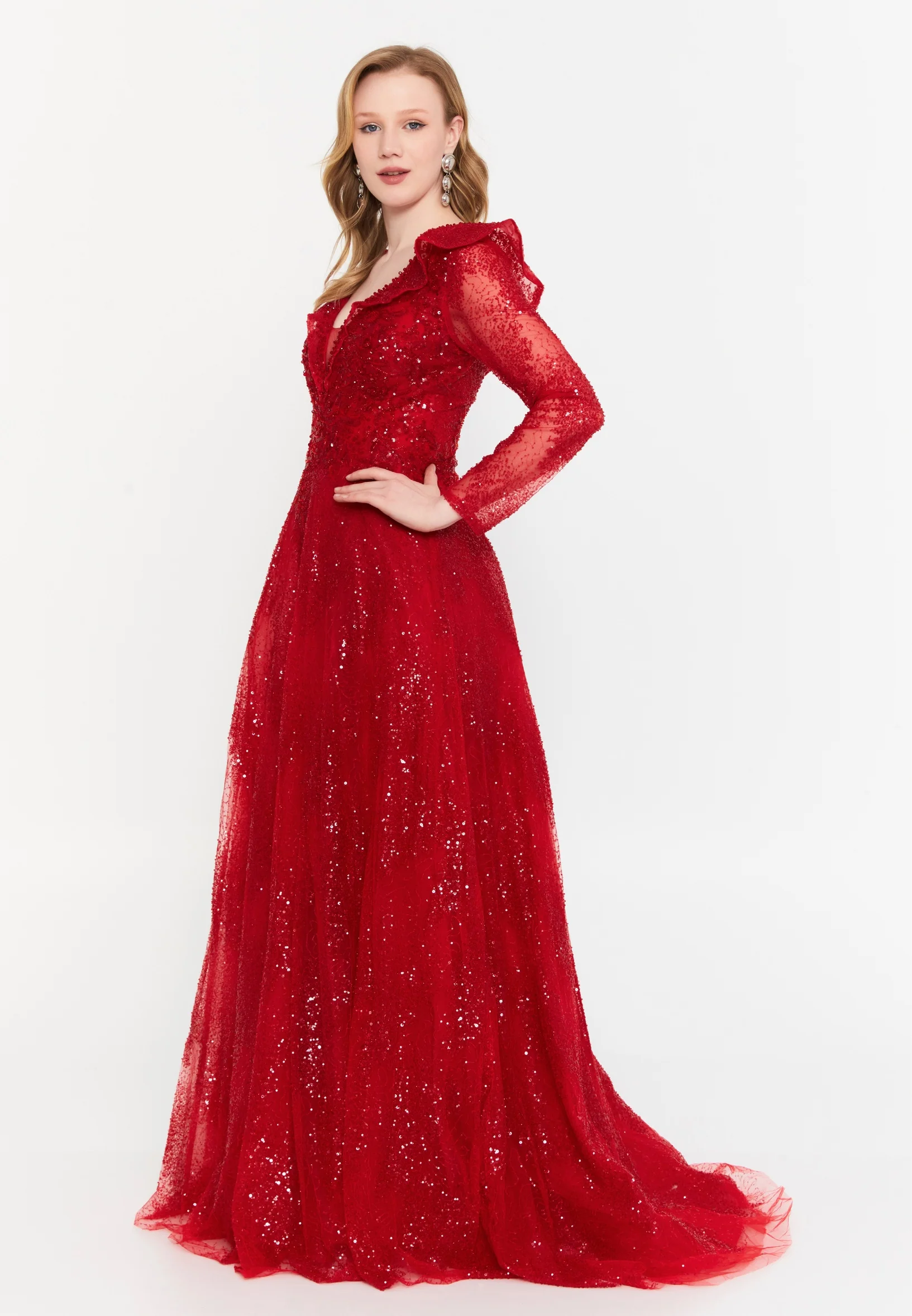 Long Sleeve Maxi Tulle A - Line Regular Prom Dress mtc2608 - Image 7
