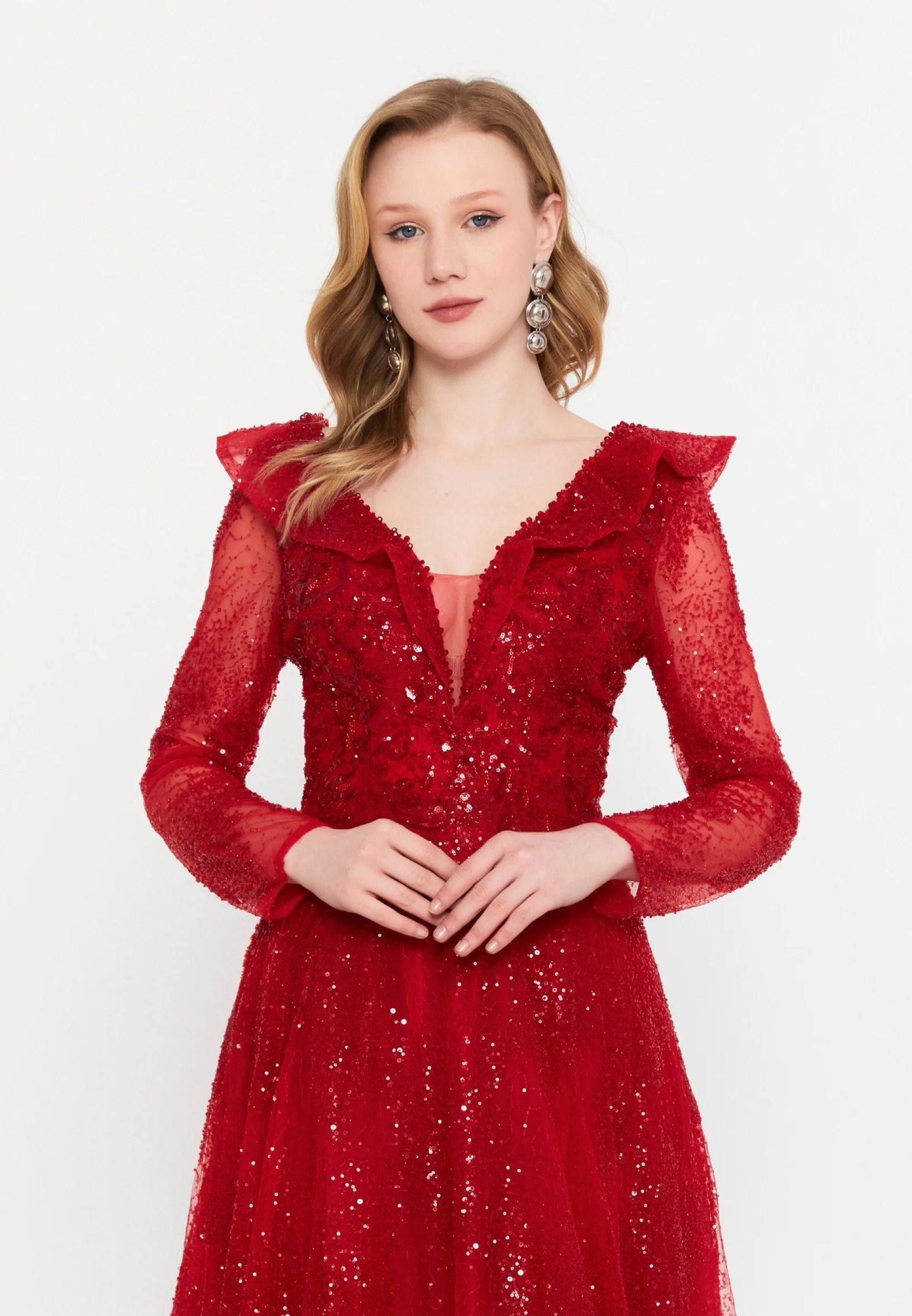 Long Sleeve Maxi Tulle A - Line Regular Prom Dress mtc2608 - Image 8