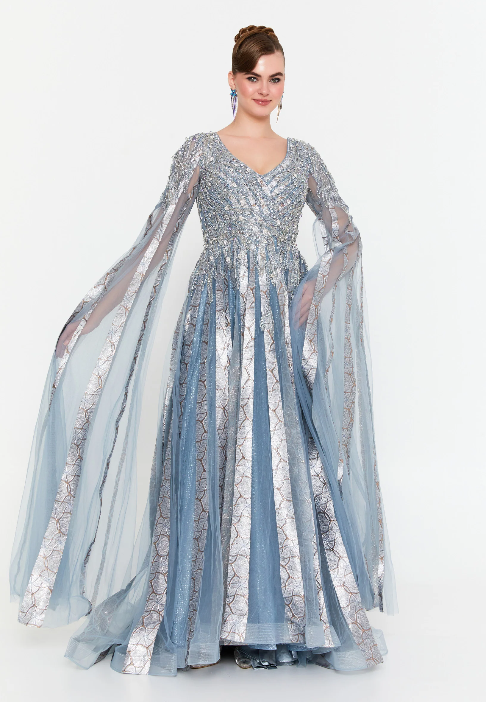 Long Sleeve Maxi Tulle A - Line Regular Prom Dress mti1023 - Image 6