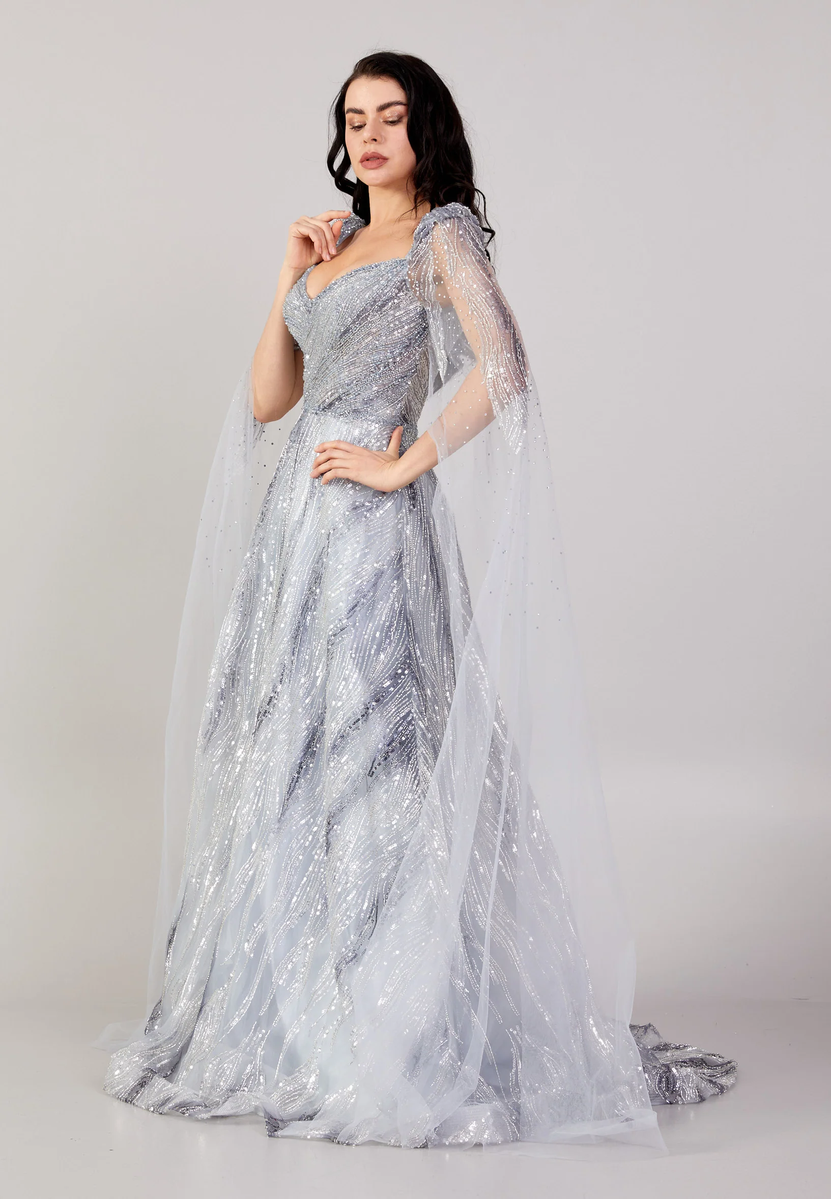 Long Sleeve Maxi Tulle A - Line Regular Prom Dress mtihs23032 - Image 4
