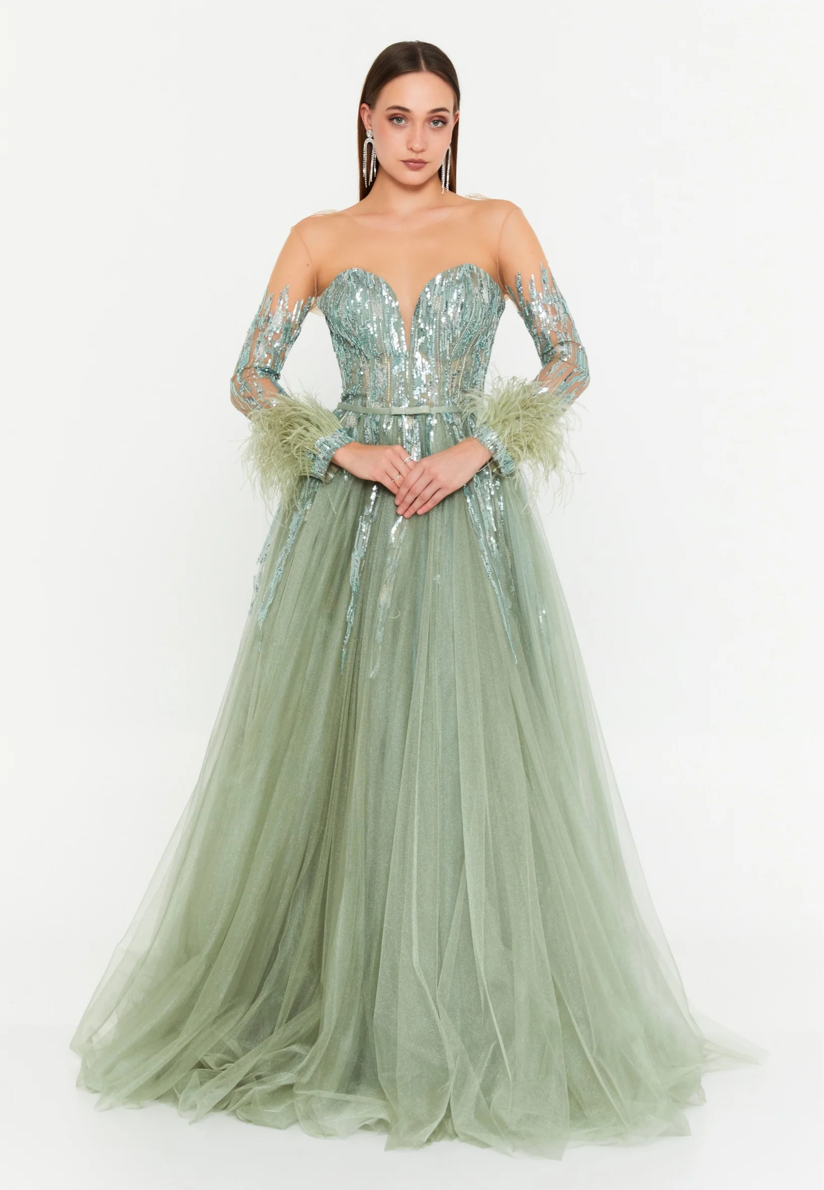 Long Sleeve Maxi Tulle A - Line Regular Prom Dress omn618