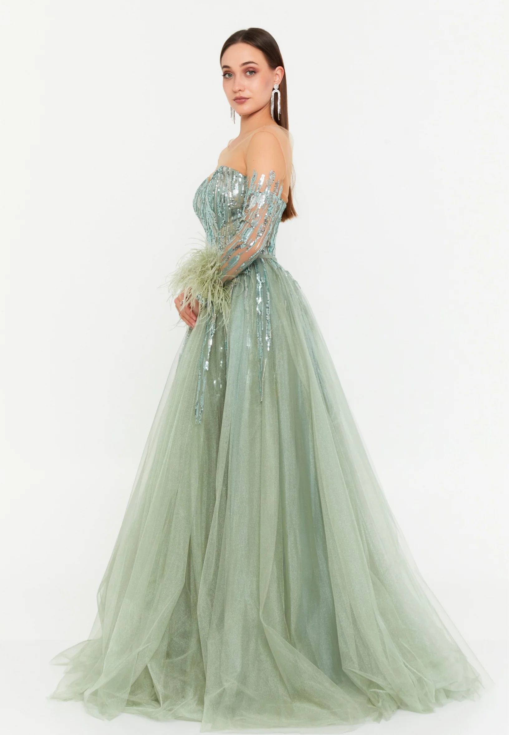 Long Sleeve Maxi Tulle A - Line Regular Prom Dress omn618 - Image 3