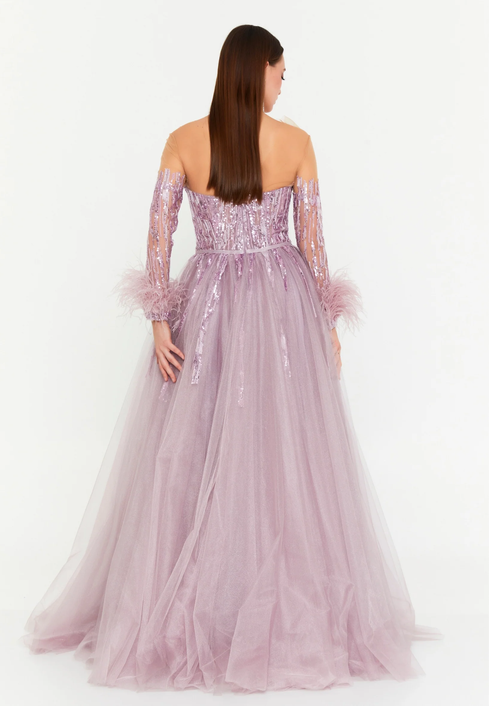 Long Sleeve Maxi Tulle A - Line Regular Prom Dress omn618 - Image 6