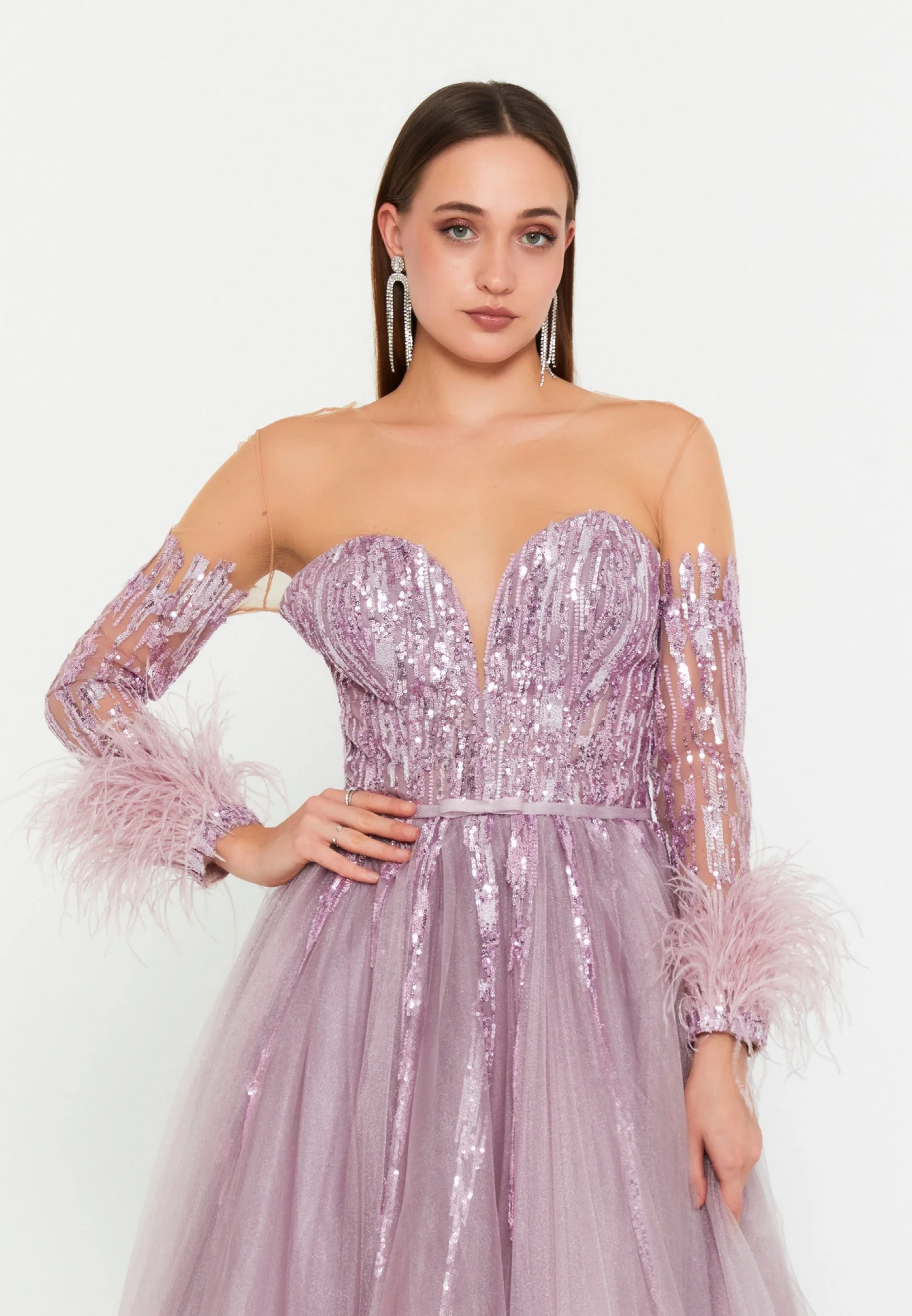 Long Sleeve Maxi Tulle A - Line Regular Prom Dress omn618 - Image 8