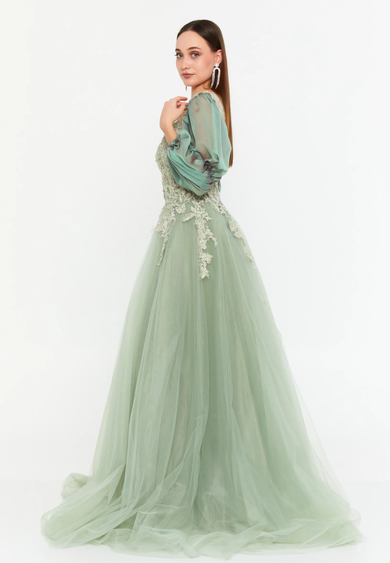 Long Sleeve Maxi Tulle A - Line Regular Prom Dress omn621 - Image 3