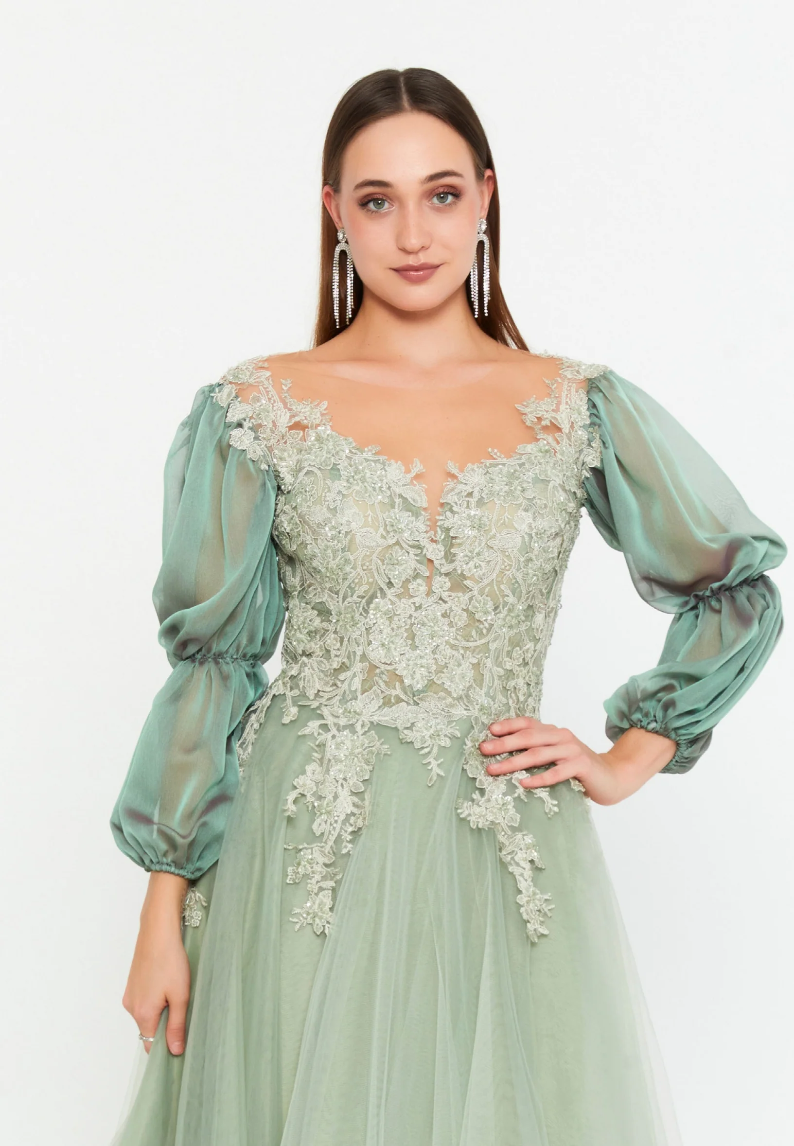 Long Sleeve Maxi Tulle A - Line Regular Prom Dress omn621 - Image 4