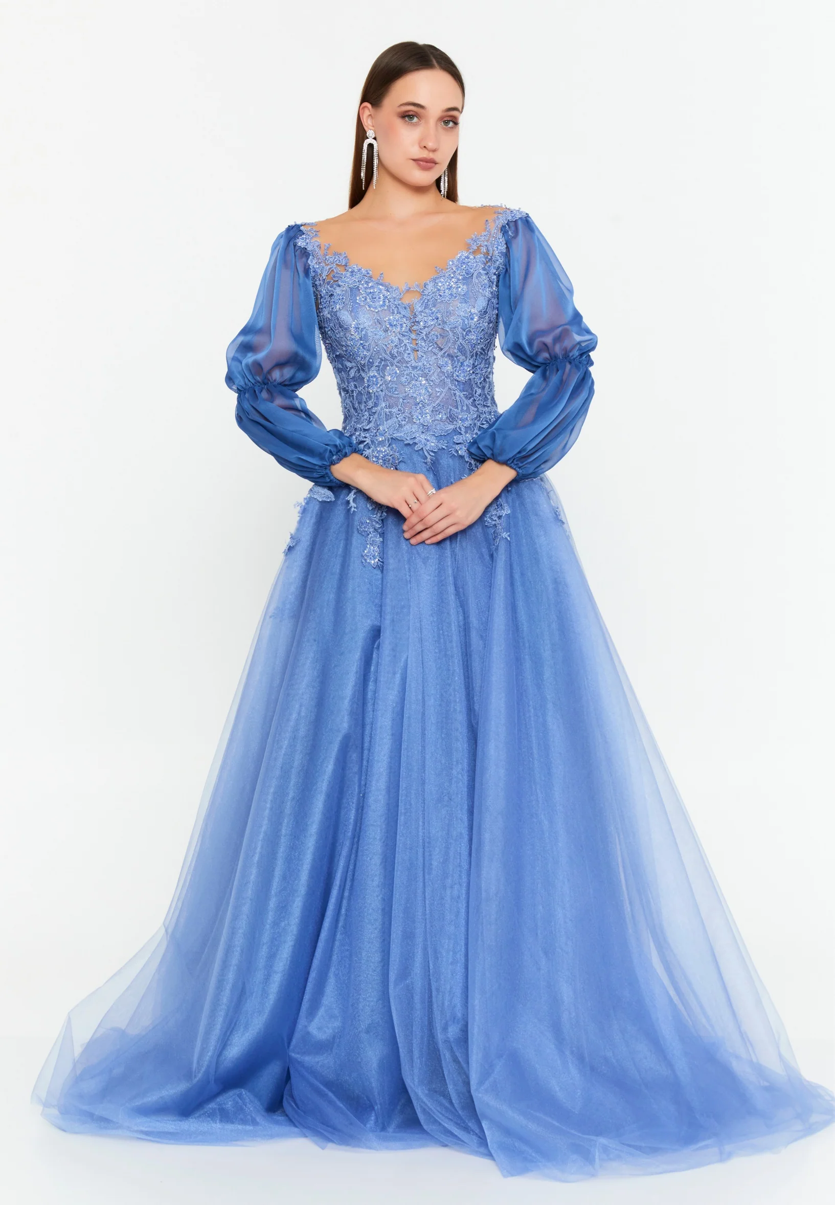 Long Sleeve Maxi Tulle A - Line Regular Prom Dress omn621 - Image 5