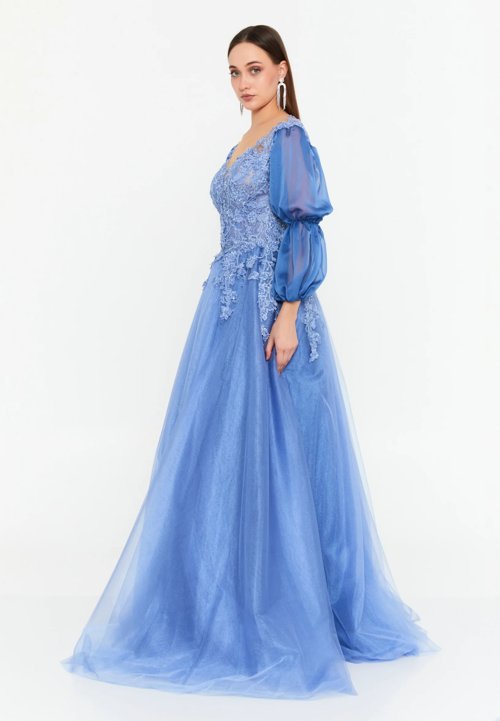Long Sleeve Maxi Tulle A - Line Regular Prom Dress omn621 - Image 7