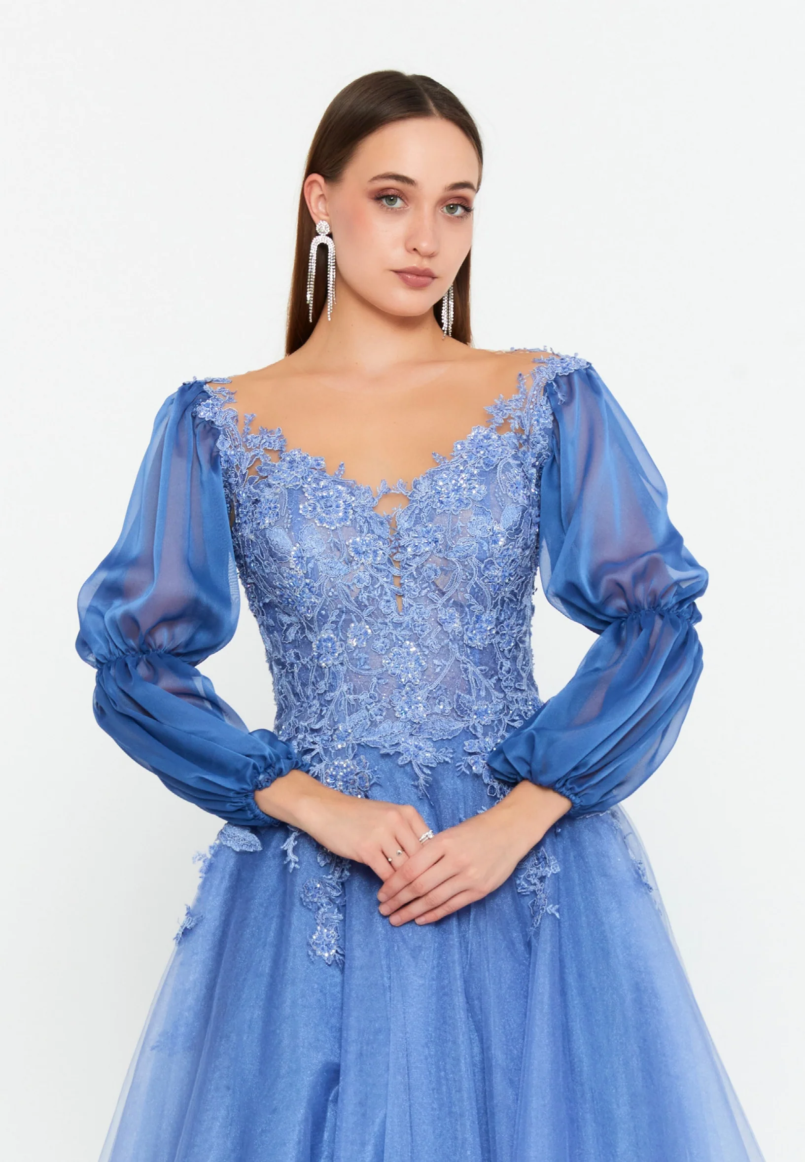 Long Sleeve Maxi Tulle A - Line Regular Prom Dress omn621 - Image 8