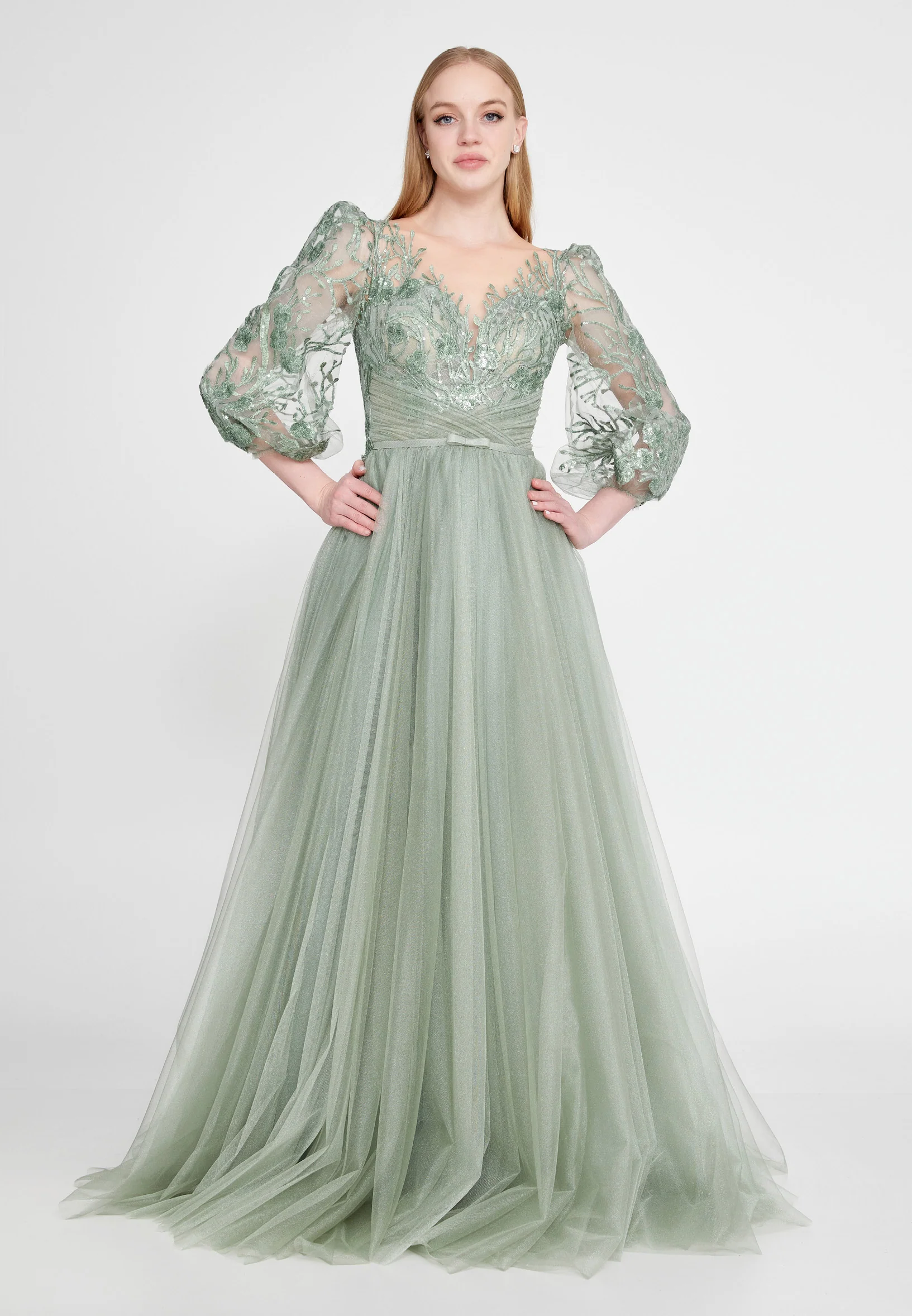 Long Sleeve Maxi Tulle A - Line Regular Prom Dress omn622 - Image 10
