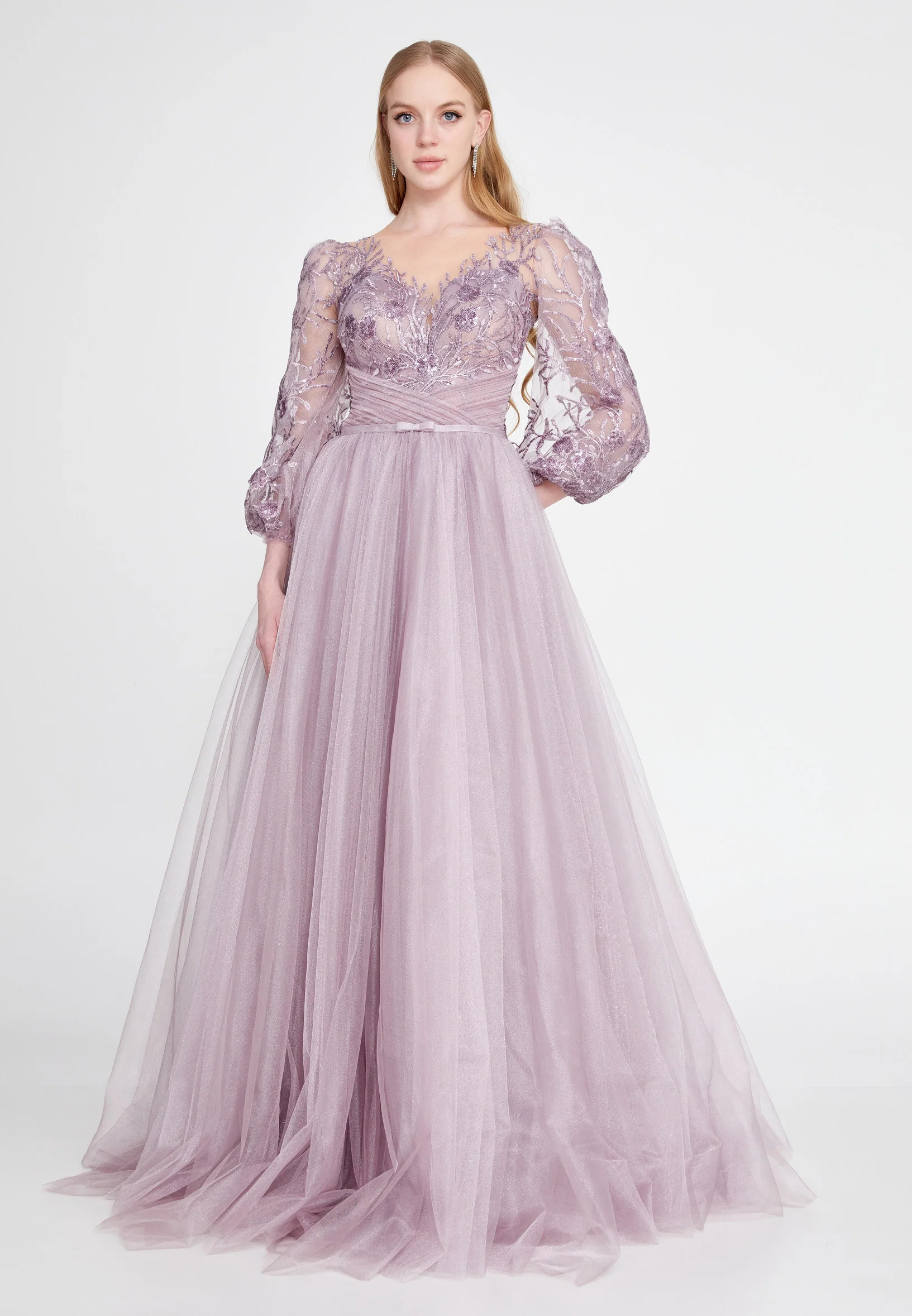 Long Sleeve Maxi Tulle A - Line Regular Prom Dress omn622 - Image 11