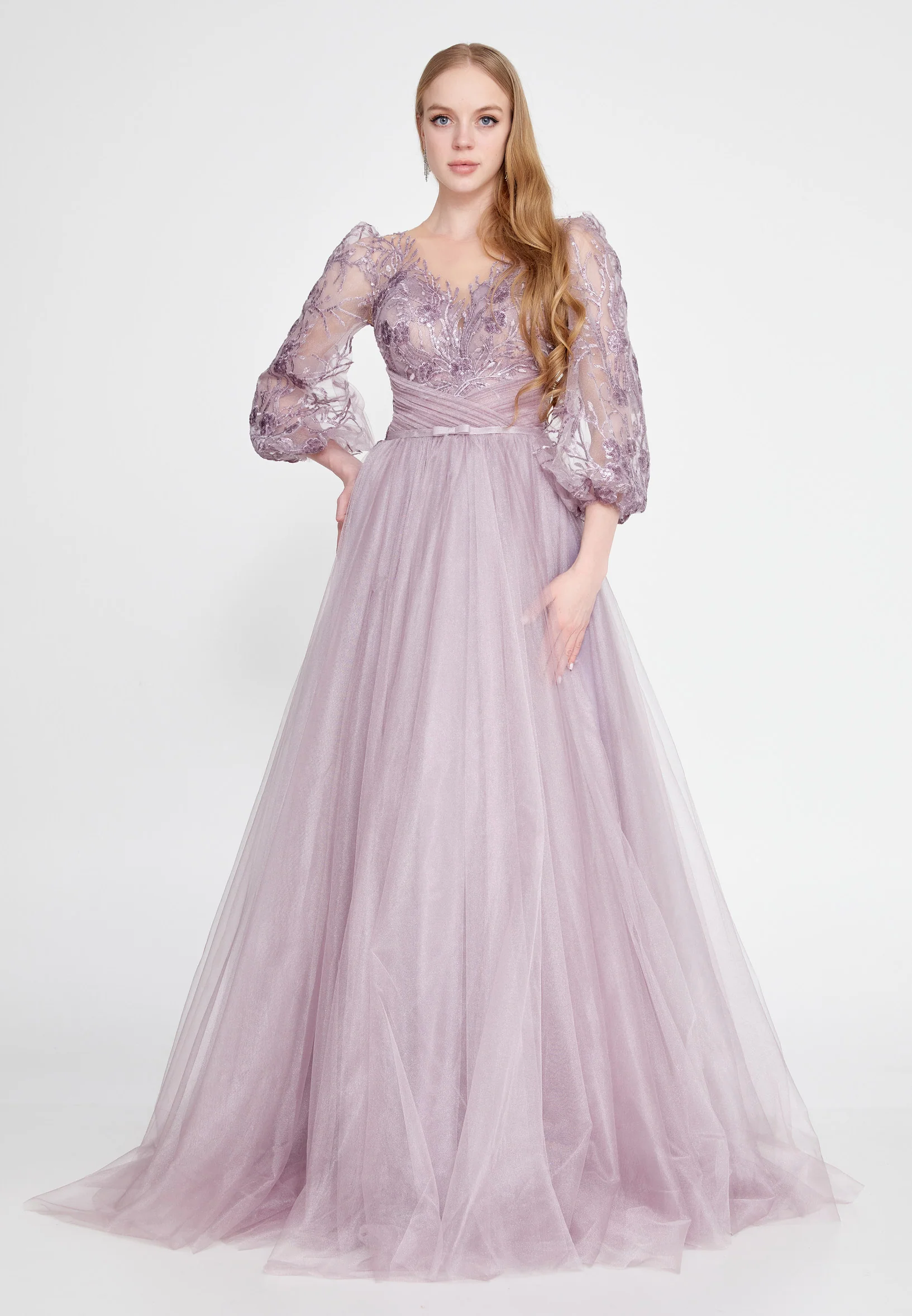 Long Sleeve Maxi Tulle A - Line Regular Prom Dress omn622 - Image 12