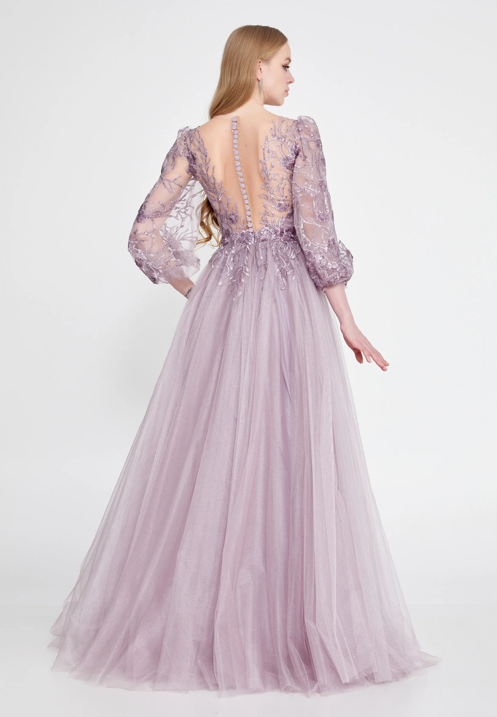 Long Sleeve Maxi Tulle A - Line Regular Prom Dress omn622 - Image 13