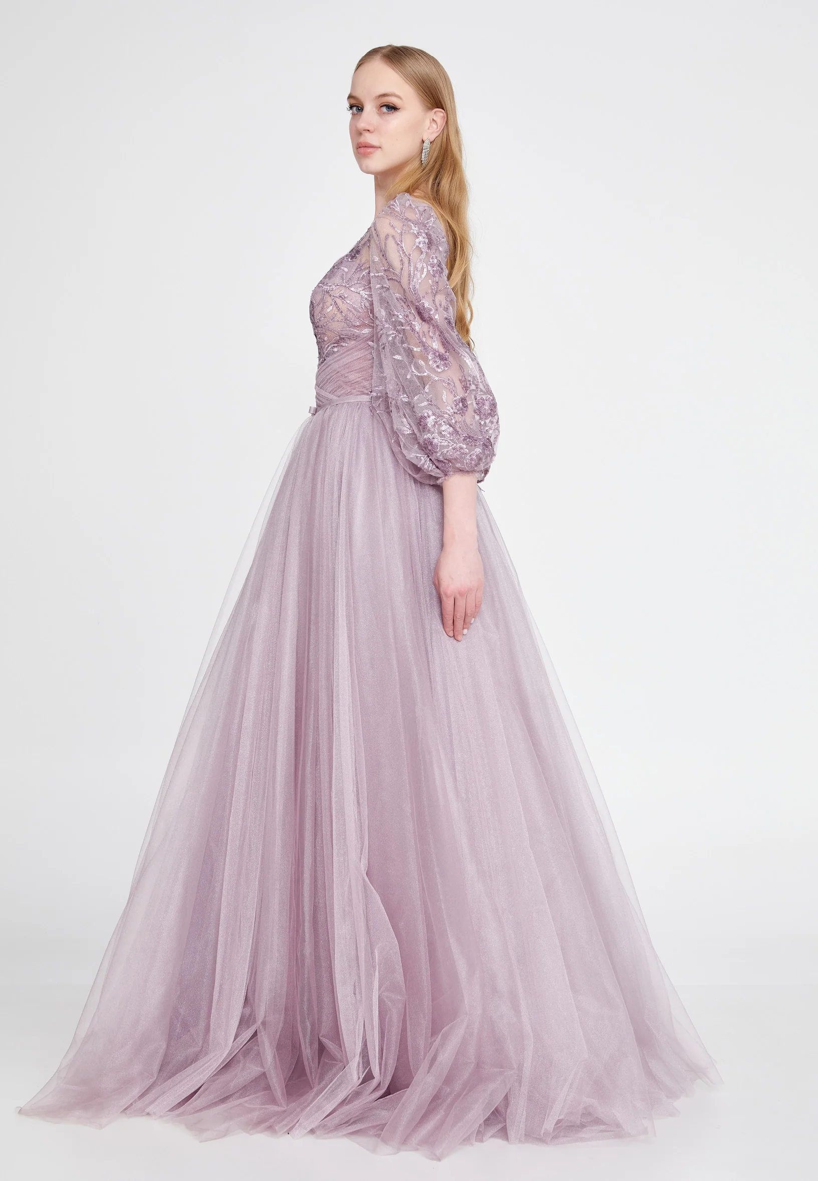 Long Sleeve Maxi Tulle A - Line Regular Prom Dress omn622 - Image 14