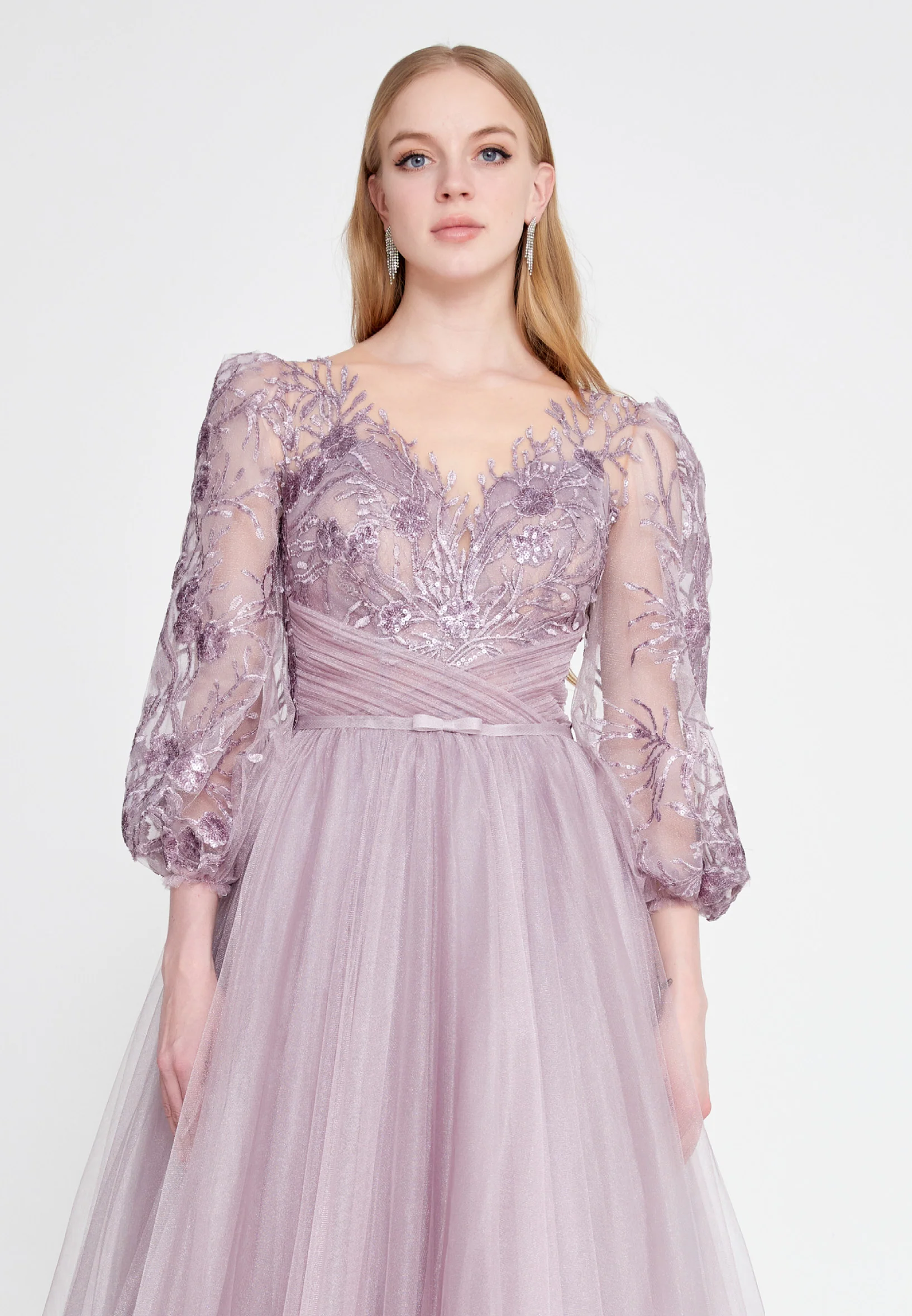 Long Sleeve Maxi Tulle A - Line Regular Prom Dress omn622 - Image 15