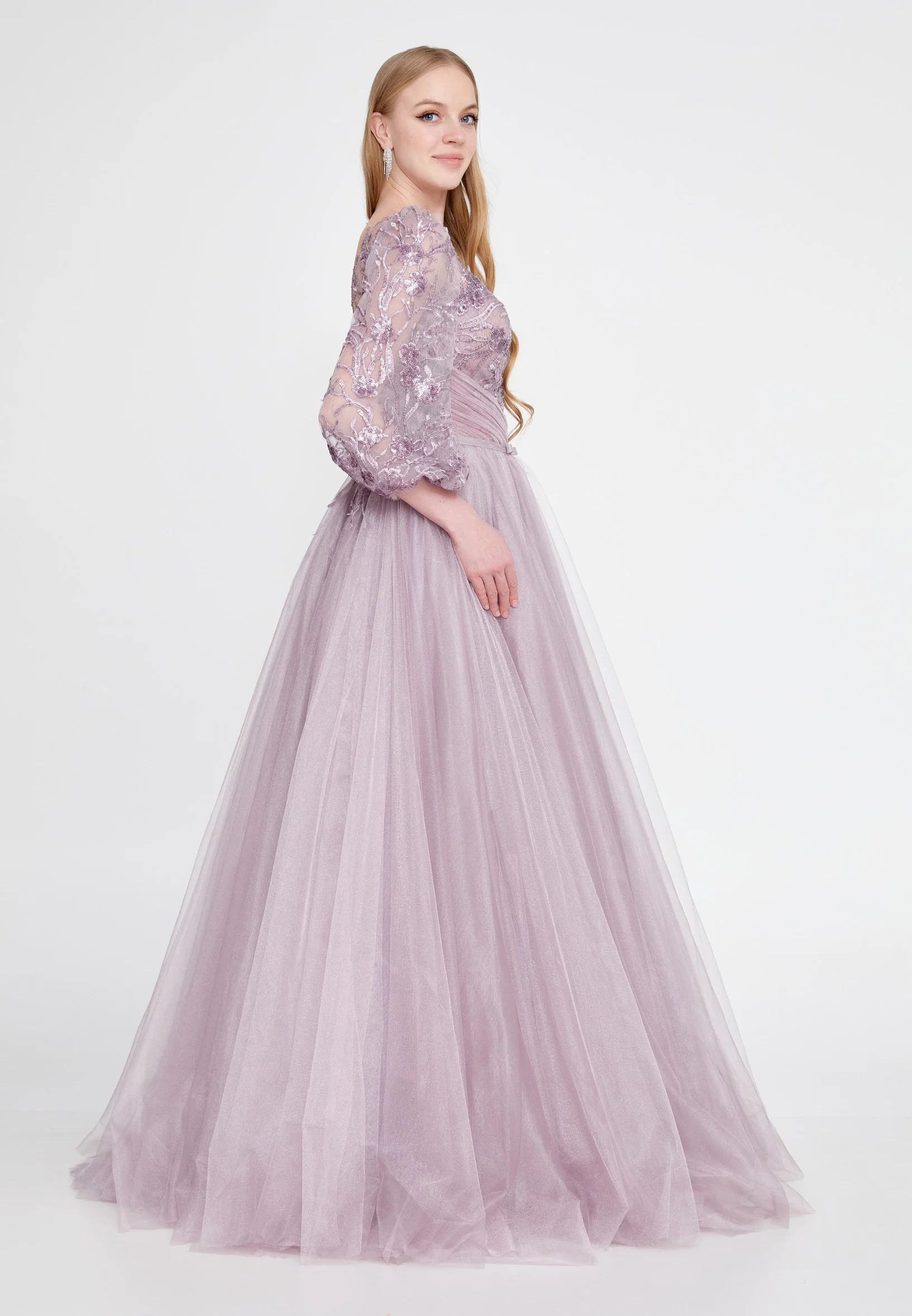 Long Sleeve Maxi Tulle A - Line Regular Prom Dress omn622 - Image 16