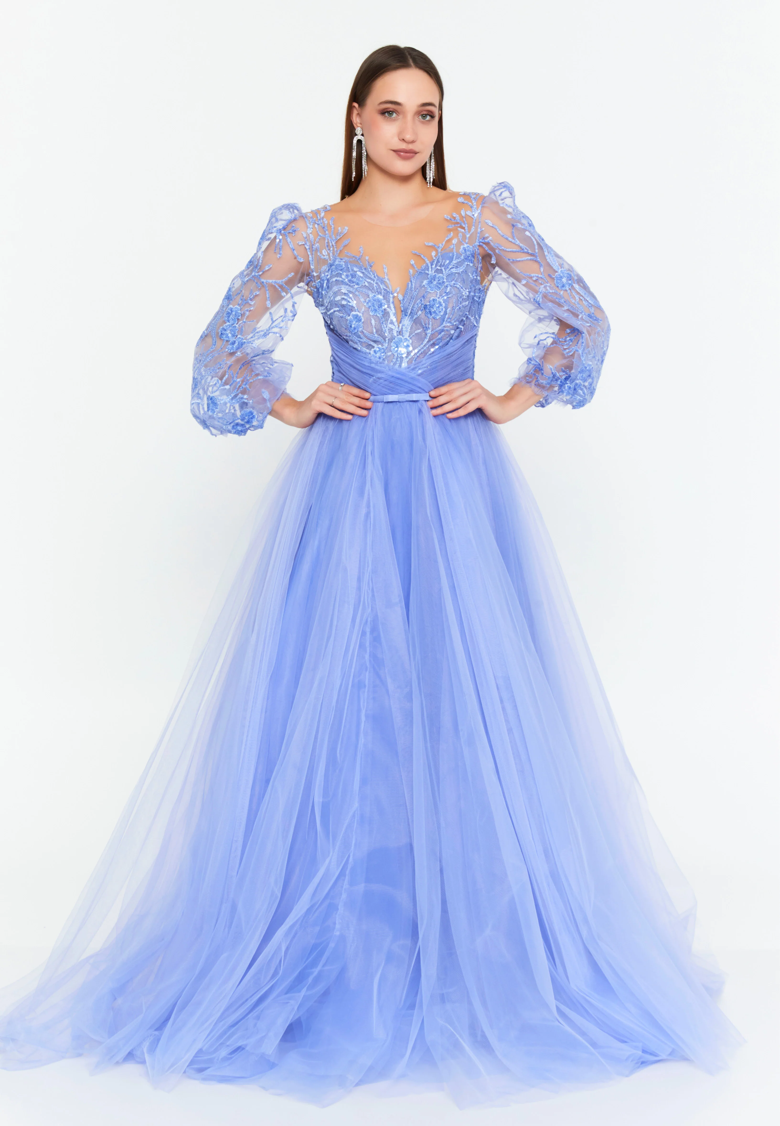 Long Sleeve Maxi Tulle A - Line Regular Prom Dress omn622 - Image 17