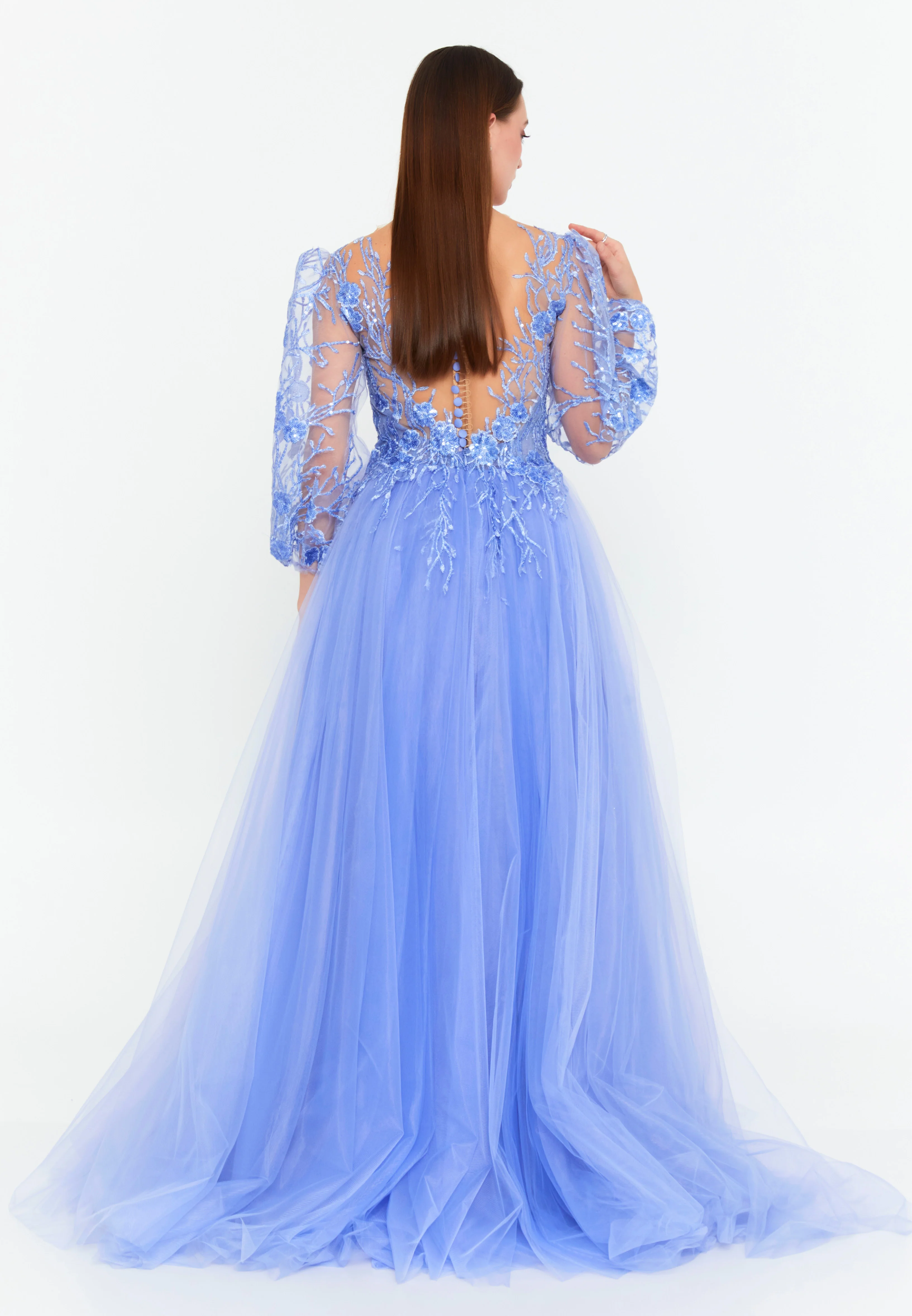 Long Sleeve Maxi Tulle A - Line Regular Prom Dress omn622 - Image 18