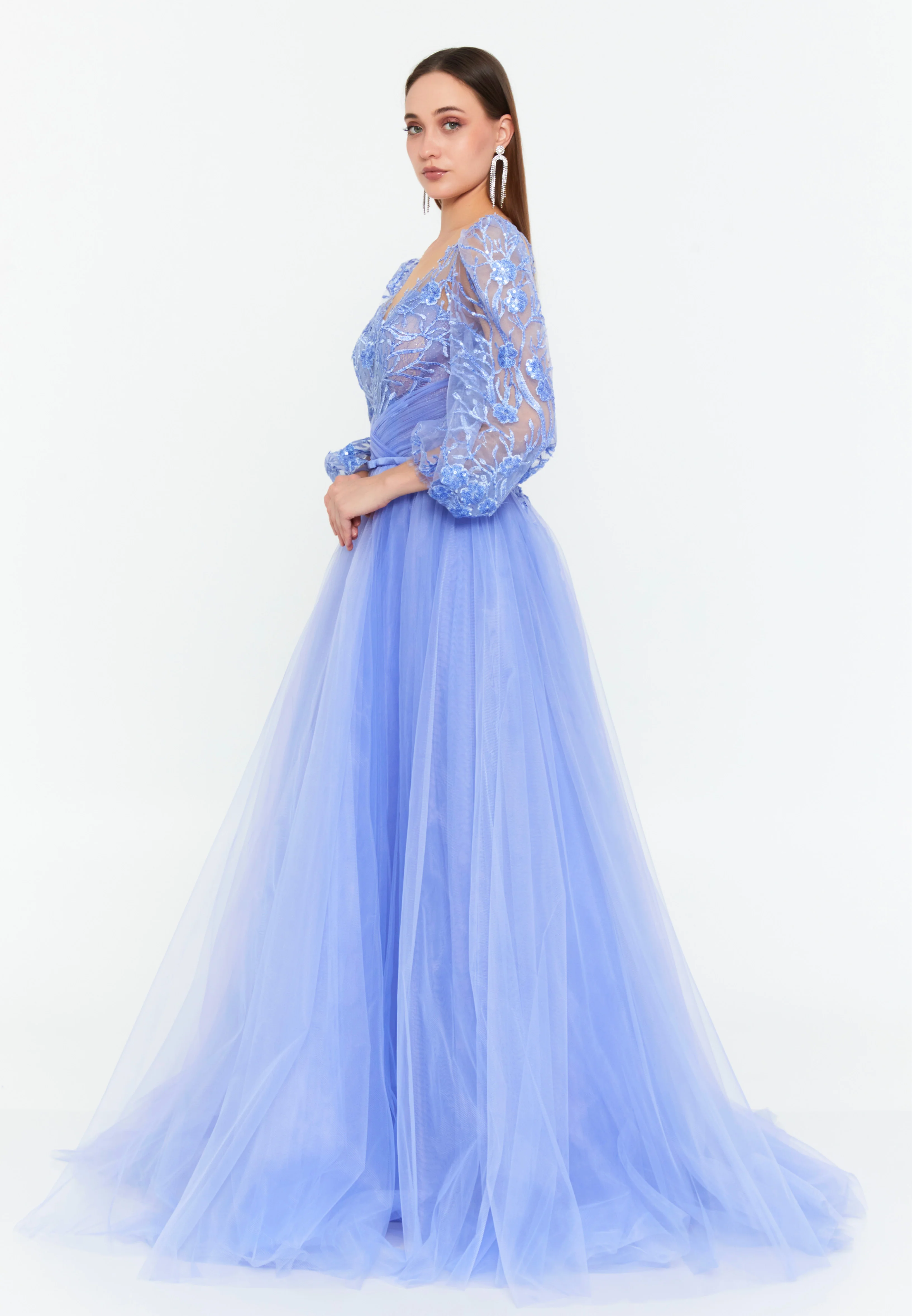 Long Sleeve Maxi Tulle A - Line Regular Prom Dress omn622 - Image 19