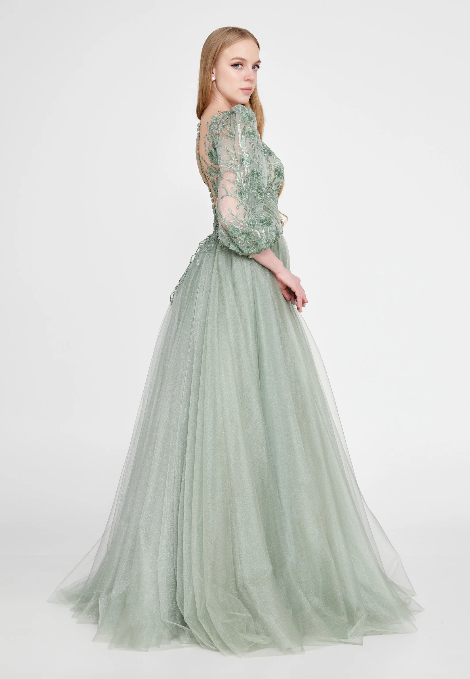 Long Sleeve Maxi Tulle A - Line Regular Prom Dress omn622 - Image 2