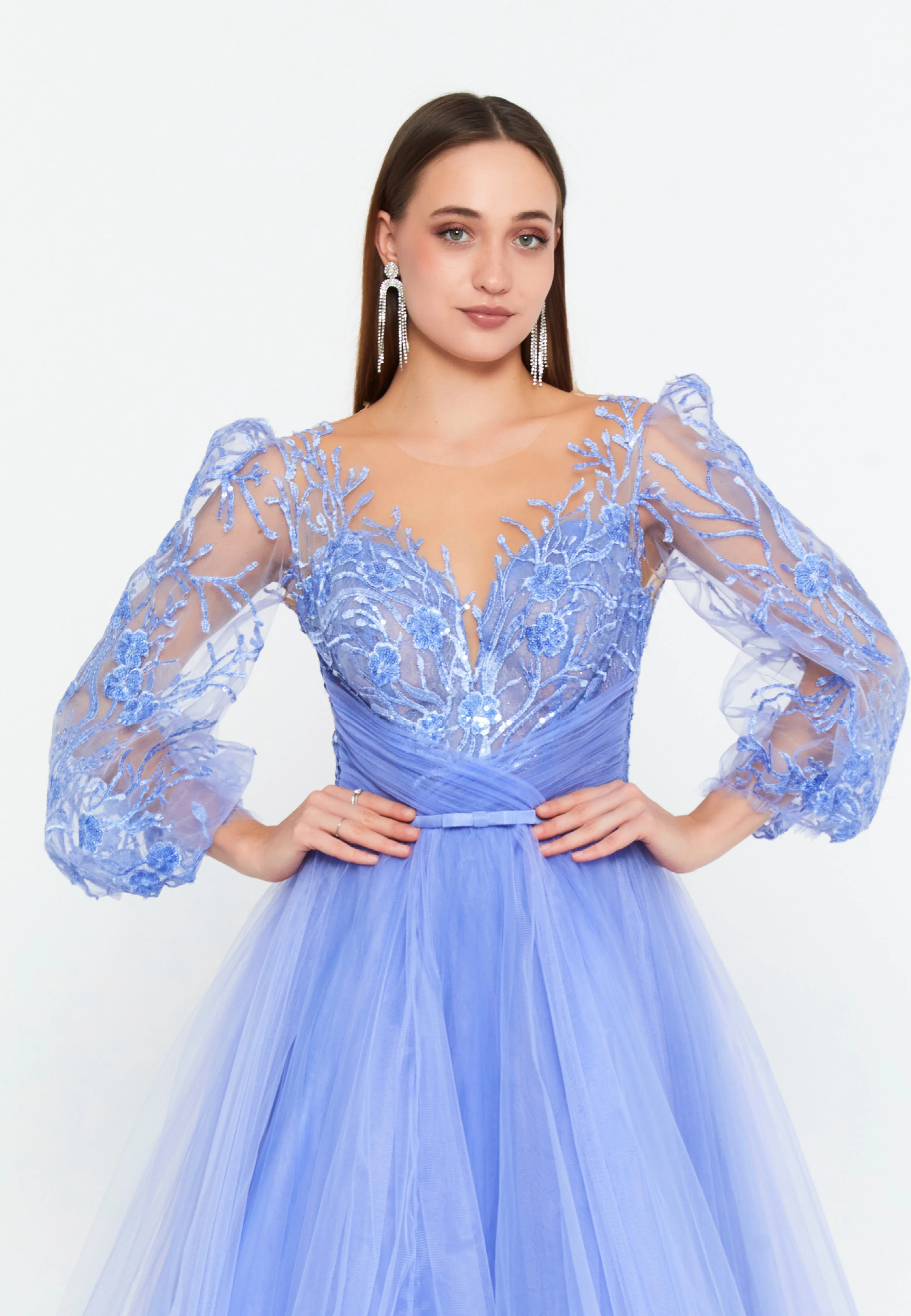 Long Sleeve Maxi Tulle A - Line Regular Prom Dress omn622 - Image 20