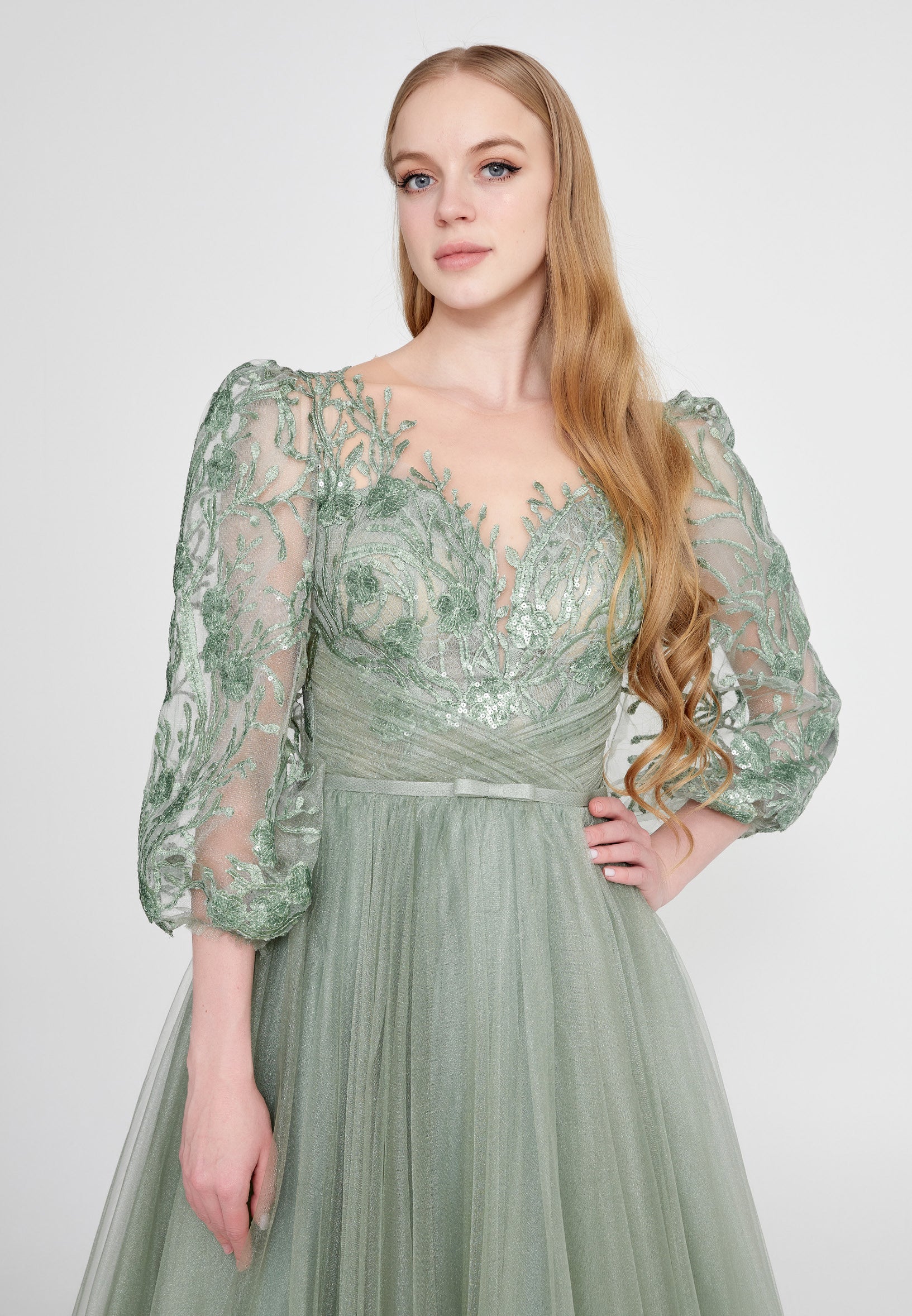 Long Sleeve Maxi Tulle A - Line Regular Prom Dress omn622 - Image 3