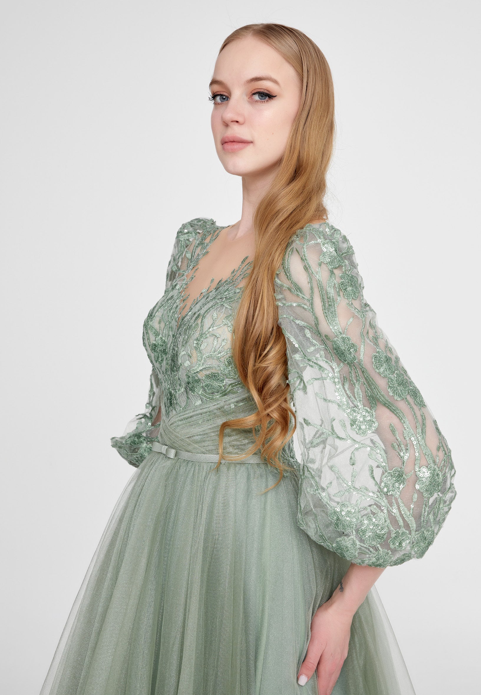 Long Sleeve Maxi Tulle A - Line Regular Prom Dress omn622 - Image 4