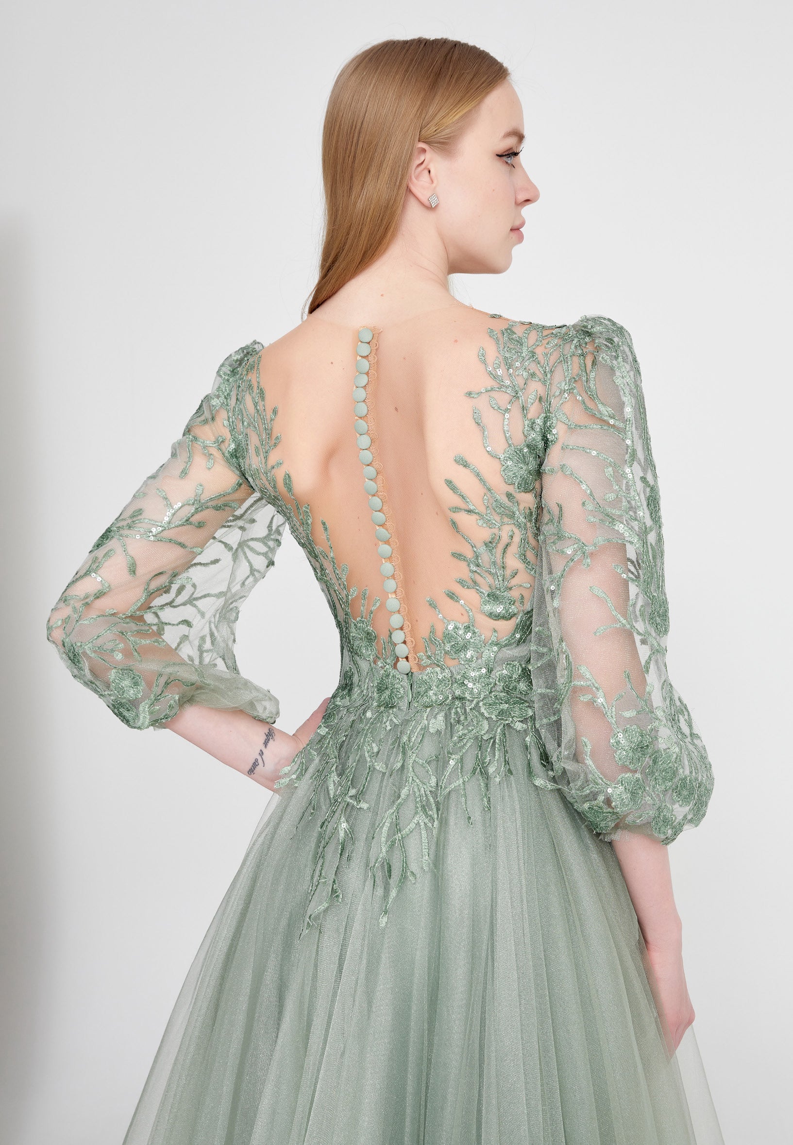 Long Sleeve Maxi Tulle A - Line Regular Prom Dress omn622 - Image 5