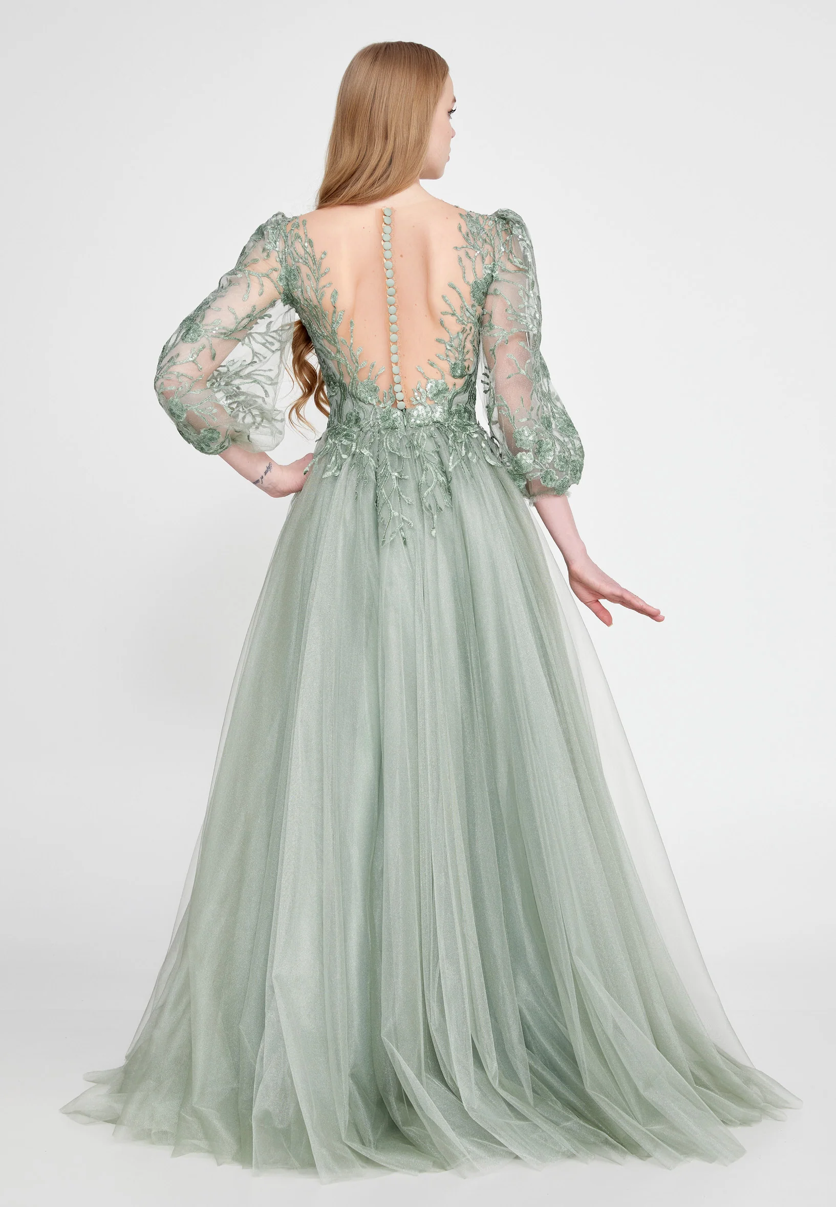 Long Sleeve Maxi Tulle A - Line Regular Prom Dress omn622 - Image 7