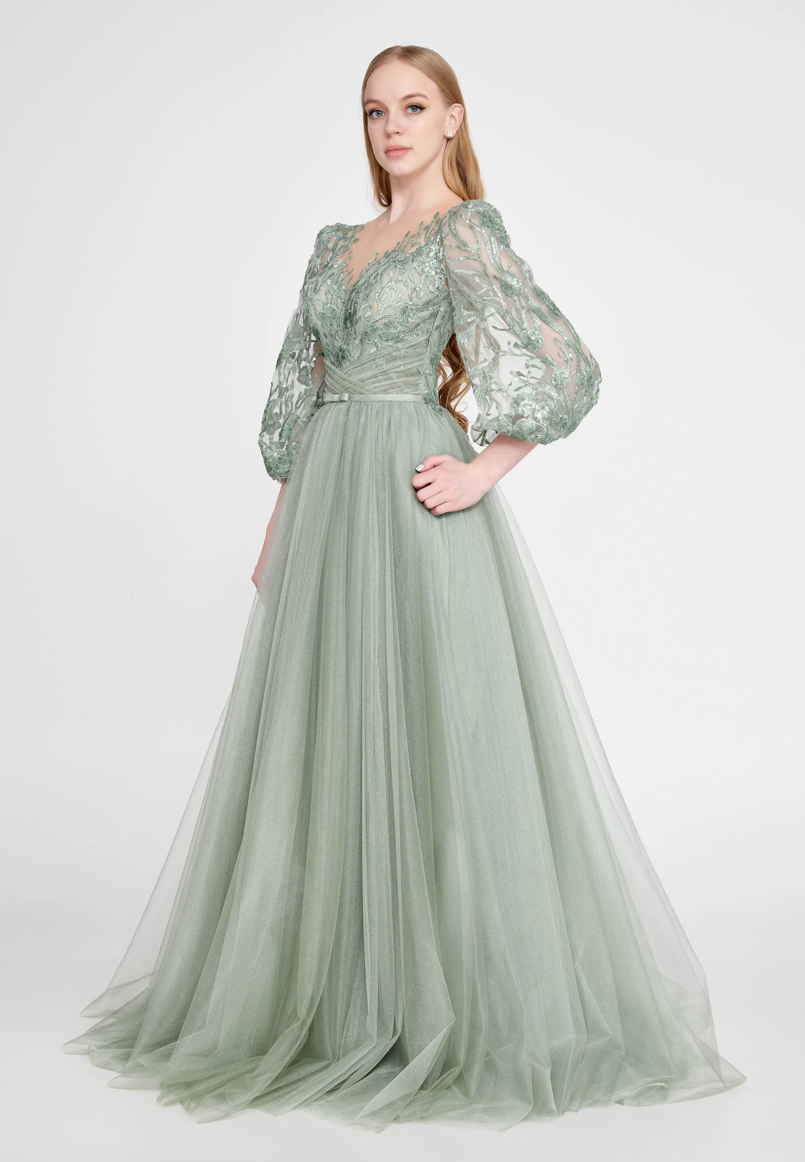 Long Sleeve Maxi Tulle A - Line Regular Prom Dress omn622 - Image 8