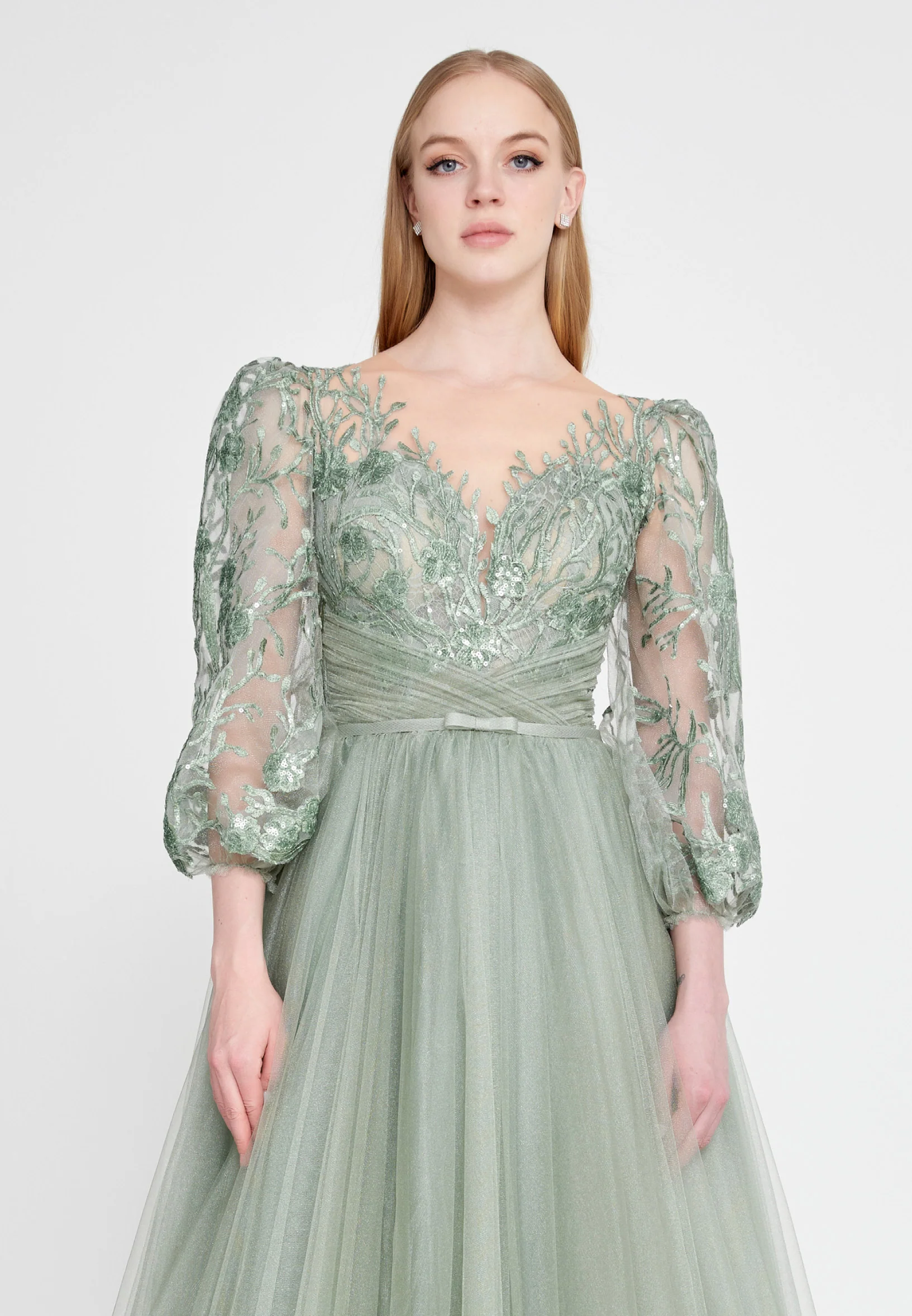 Long Sleeve Maxi Tulle A - Line Regular Prom Dress omn622 - Image 9